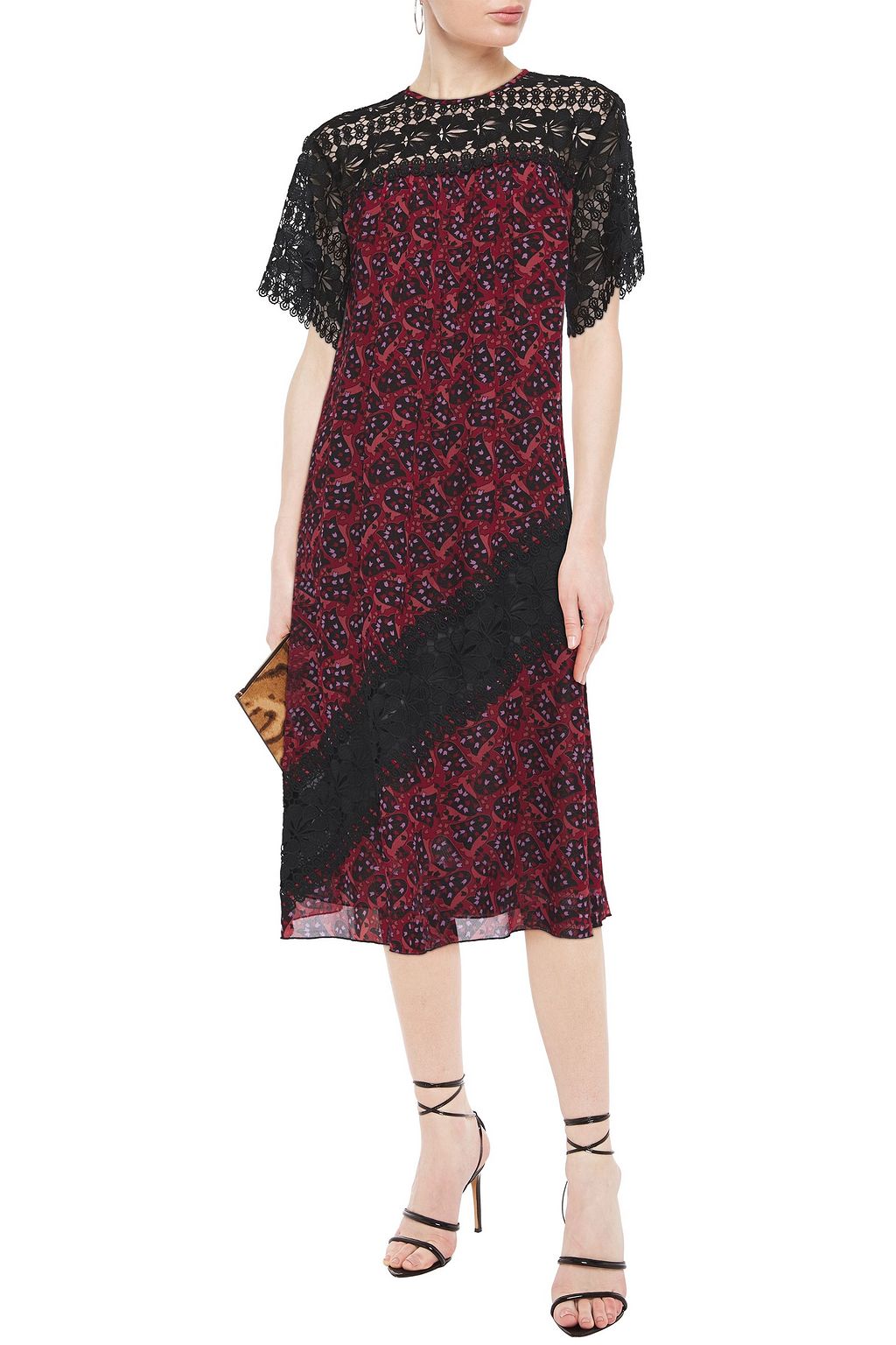ANNA SUI Paneled guipure lace and floral-print crepe de chine dress