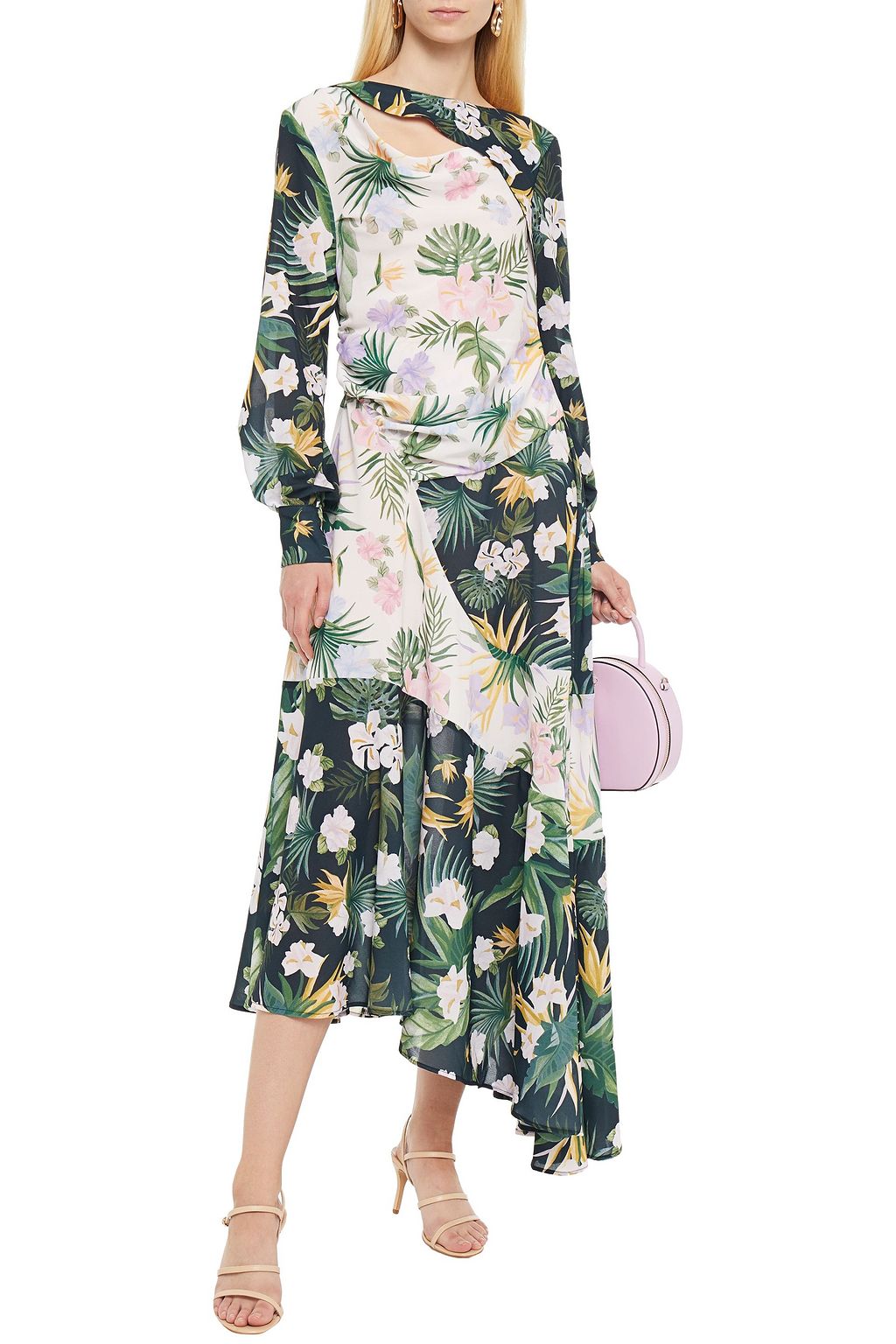 EACH X OTHER Asymmetric draped floral-print crepe de chine midi dress