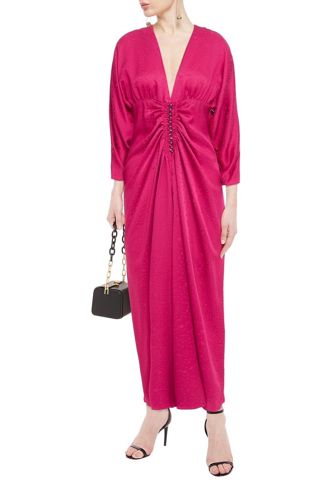 RACIL Rita button-embellished ruched leopard-jacquard maxi dress