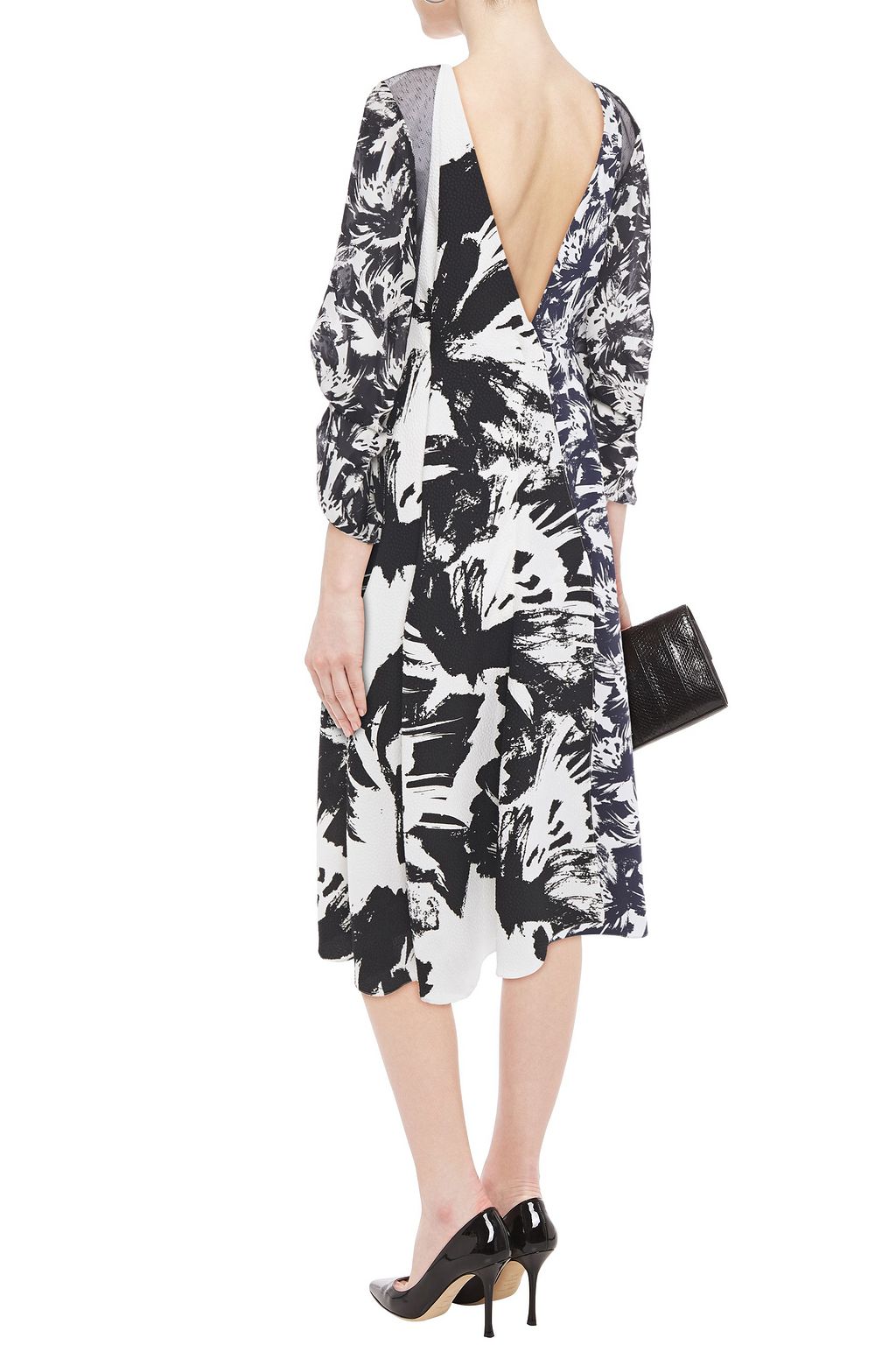 ROLAND MOURET Paneled printed georgette, taffeta and hammered crepe midi dress