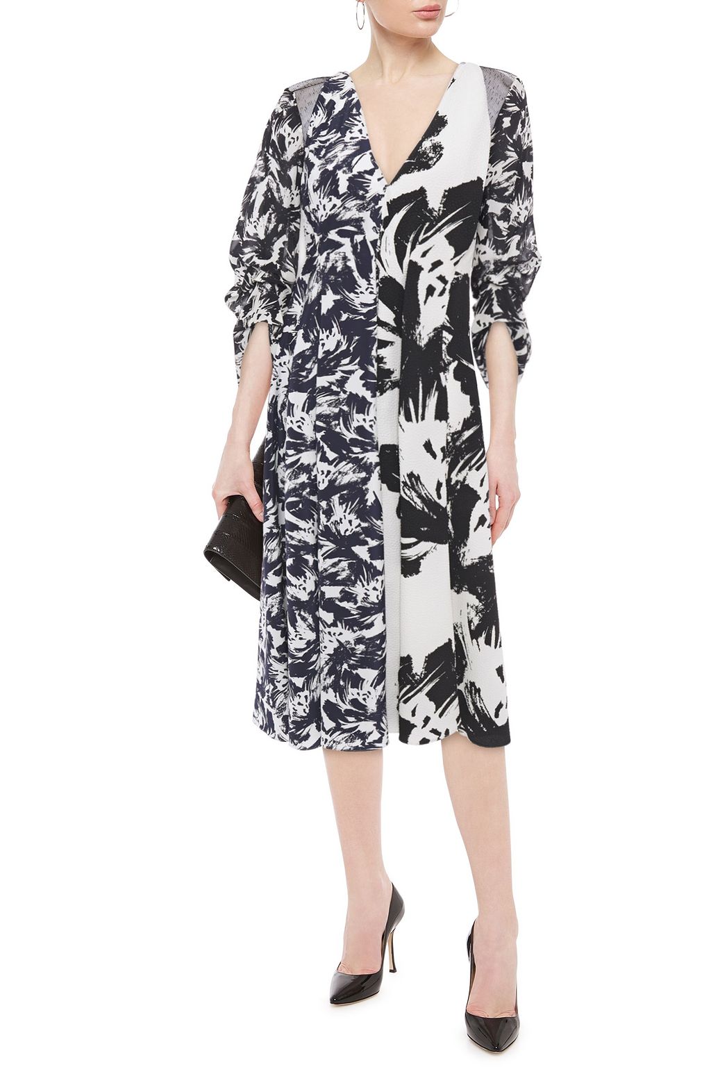ROLAND MOURET Paneled printed georgette, taffeta and hammered crepe midi dress