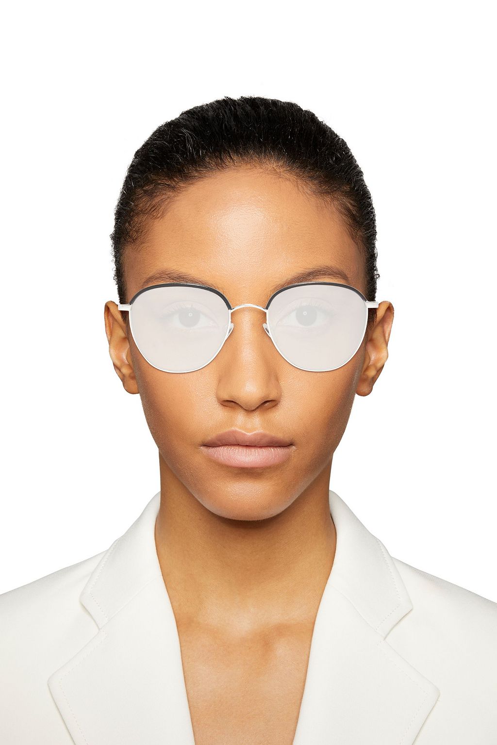LINDA FARROW Aviator-style silver-tone, titanium and leather mirrored sunglasses