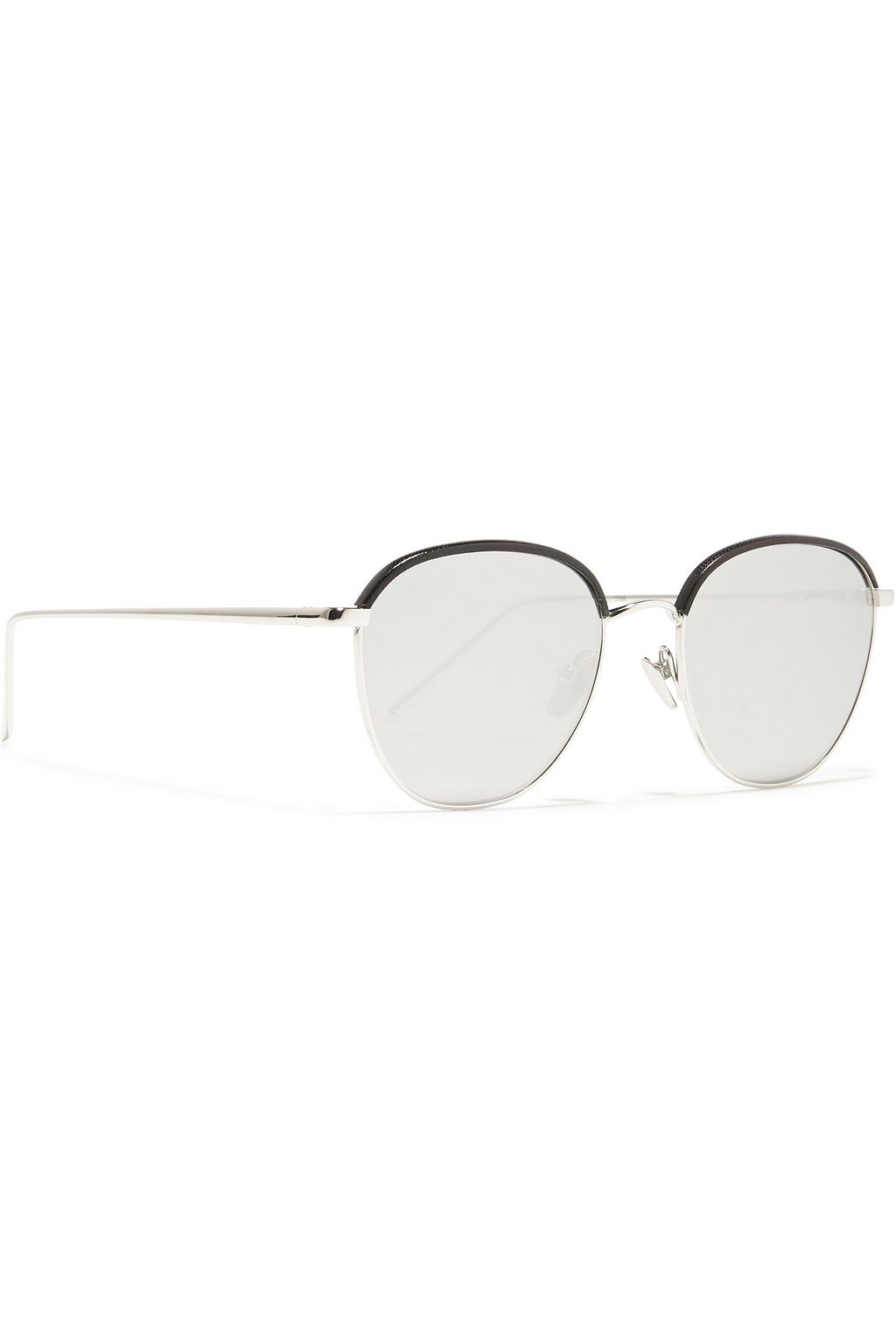 LINDA FARROW Aviator-style silver-tone, titanium and leather mirrored sunglasses