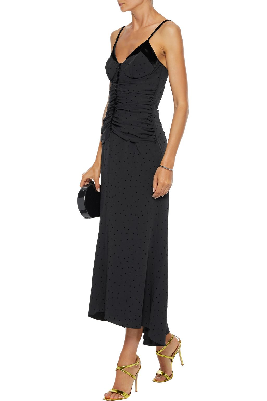 RACIL Diana velvet-trimmed ruched flocked twill midi dress