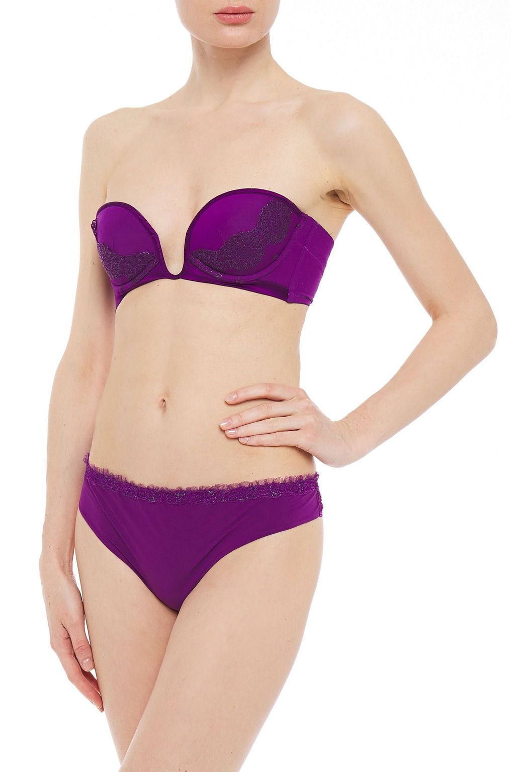 LA PERLA Embroidered tulle-trimmed stretch-jersey mid-rise thong