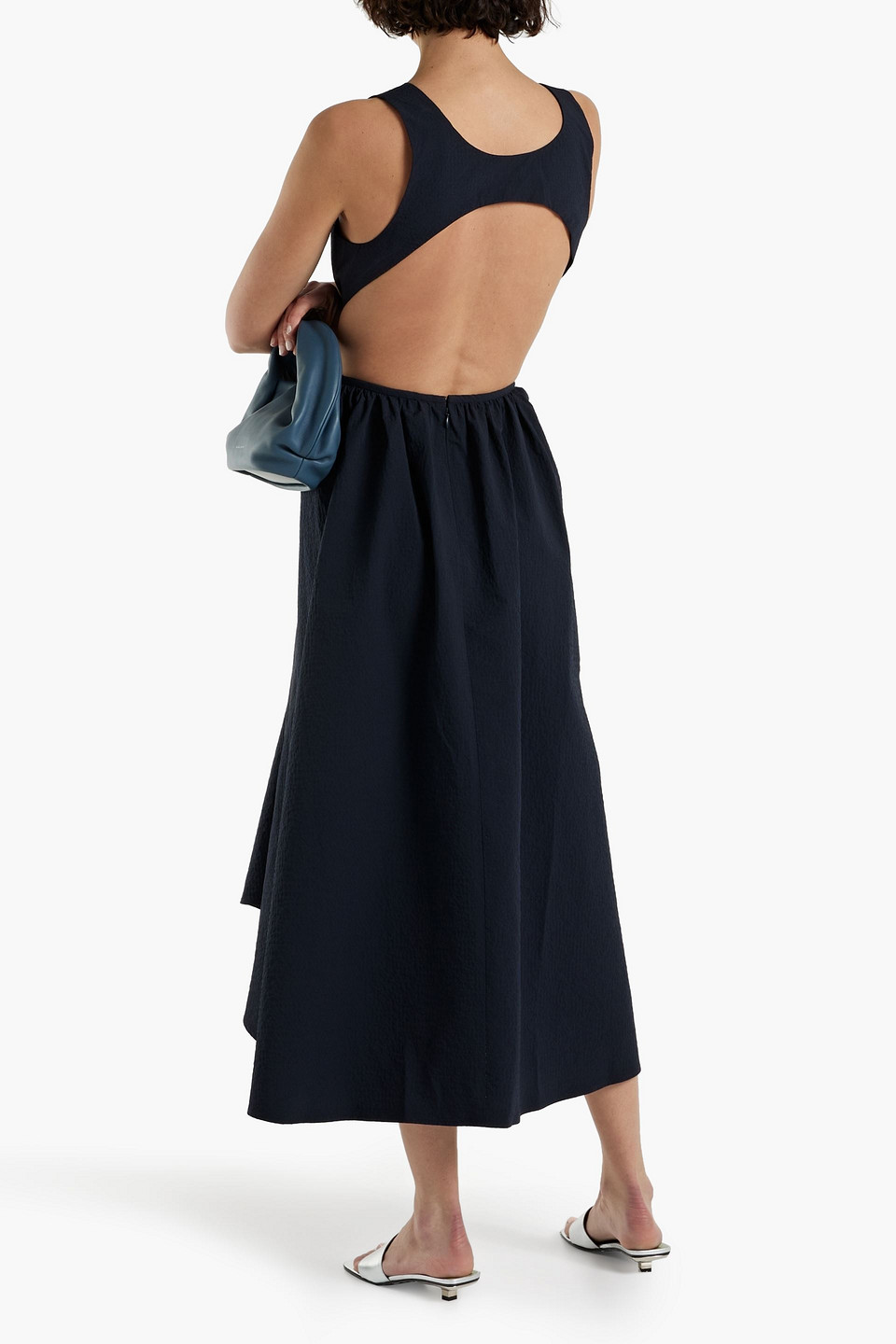 Shop Deveaux Madelyn Cutout Cotton-seersucker Midi Dress In Navy