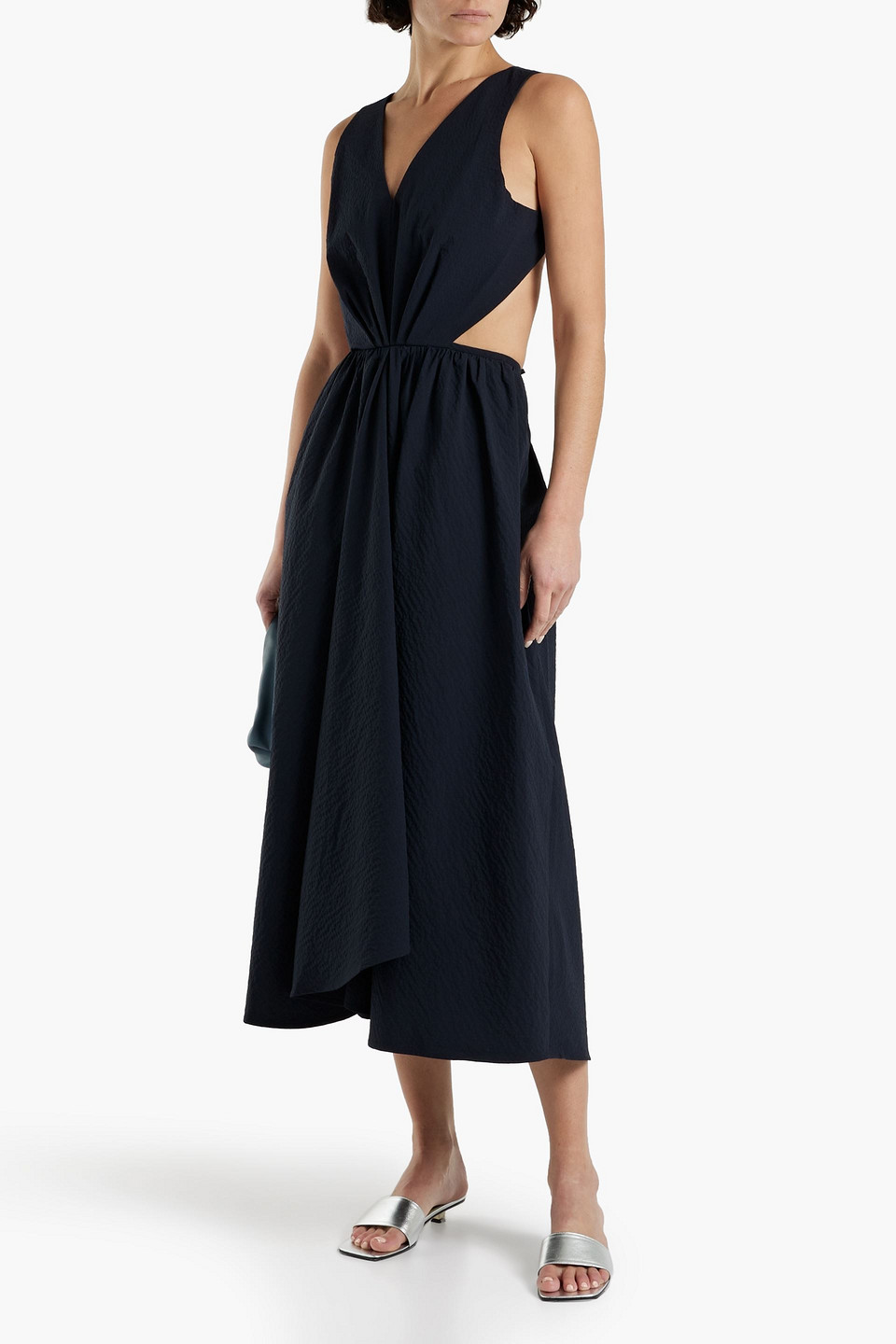 Shop Deveaux Madelyn Cutout Cotton-seersucker Midi Dress In Navy