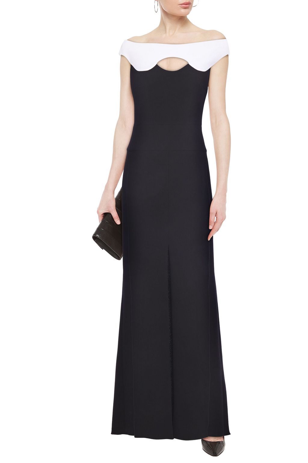 ROLAND MOURET فستان سهرة من الكريب الصوفي مع أجزاء مقصوصة ومع طيات