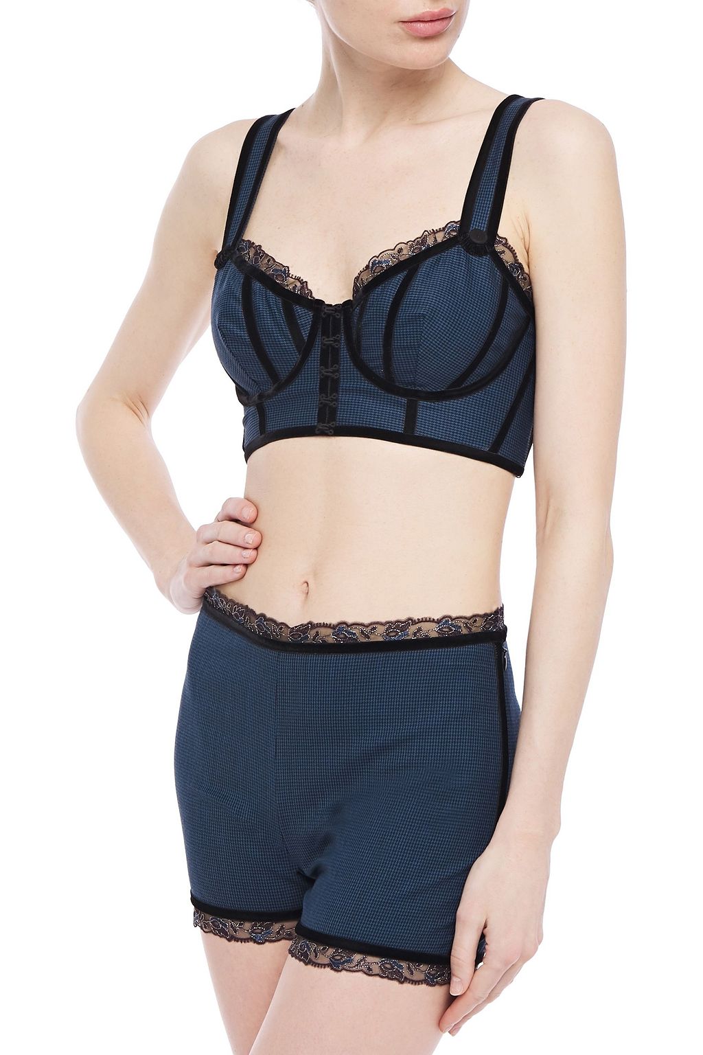 LA PERLA Lace and velvet-trimmed houndstooth wool-blend high-rise briefs