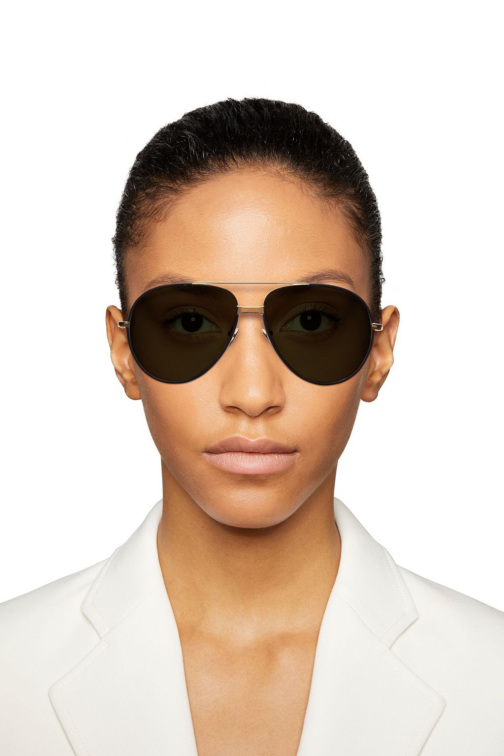 LINDA FARROW Aviator-style gold-tone and leather sunglasses