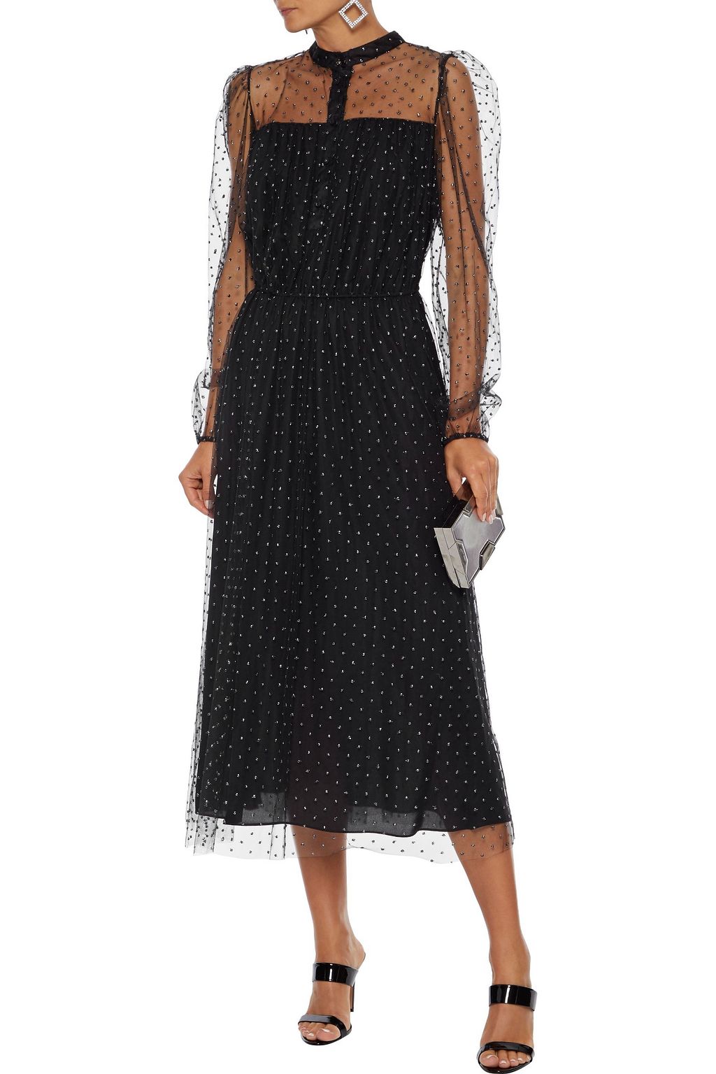 ADAM LIPPES Pleated metallic embroidered tulle midi dress