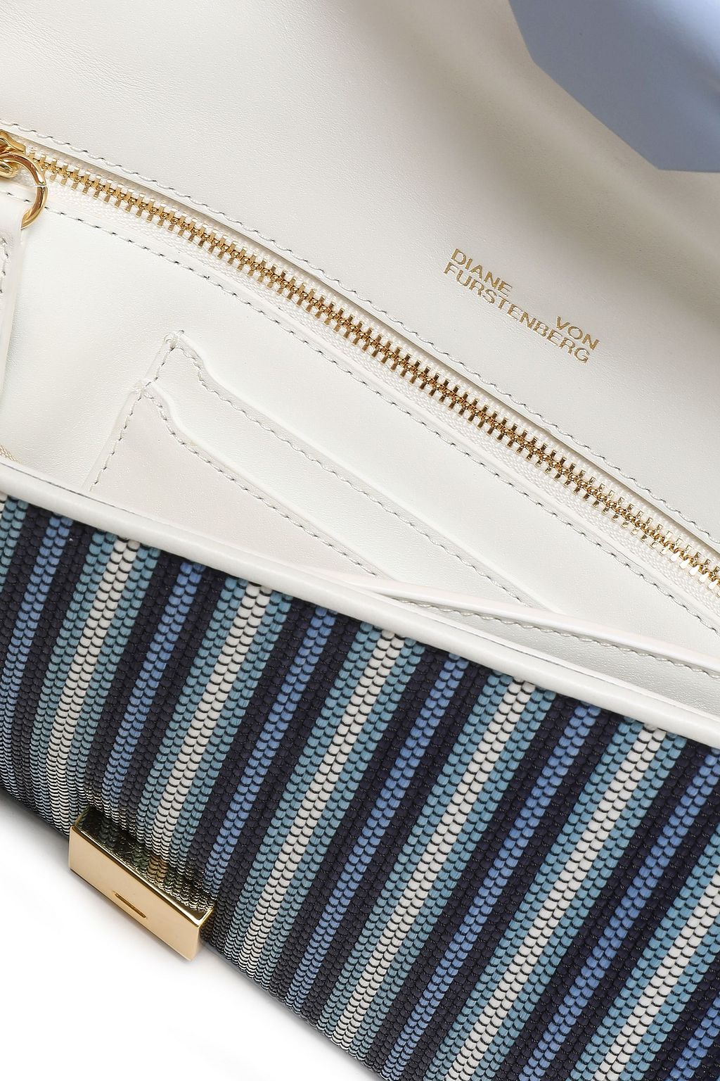 DIANE VON FURSTENBERG Embellished leather-trimmed striped faux raffia clutch
