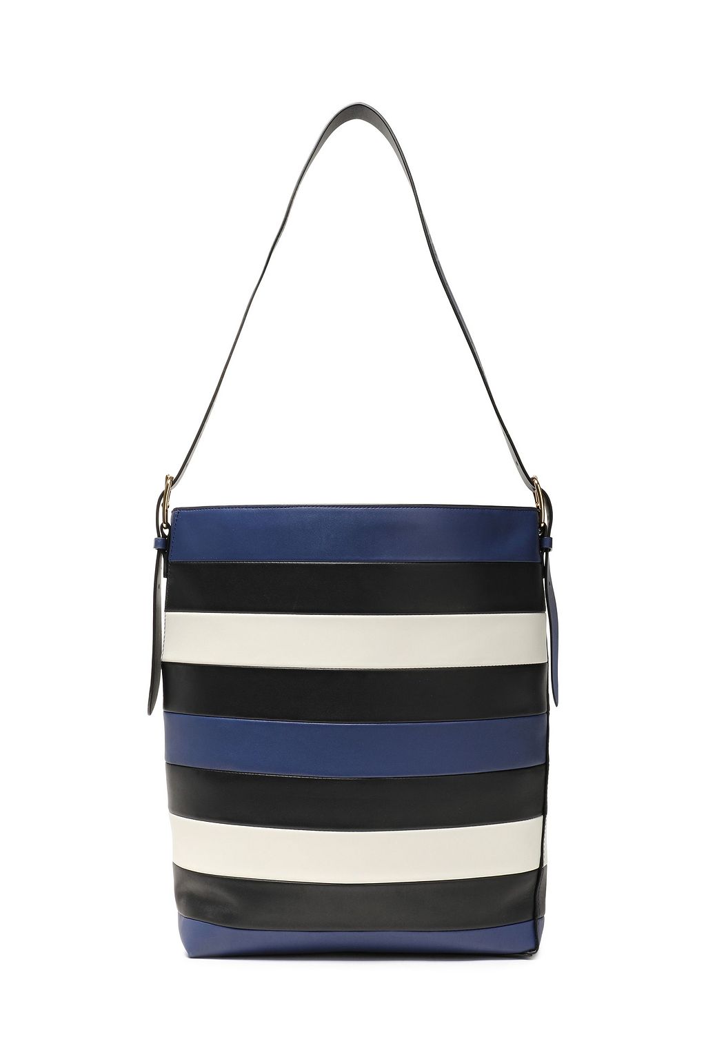 blue leather bucket bag