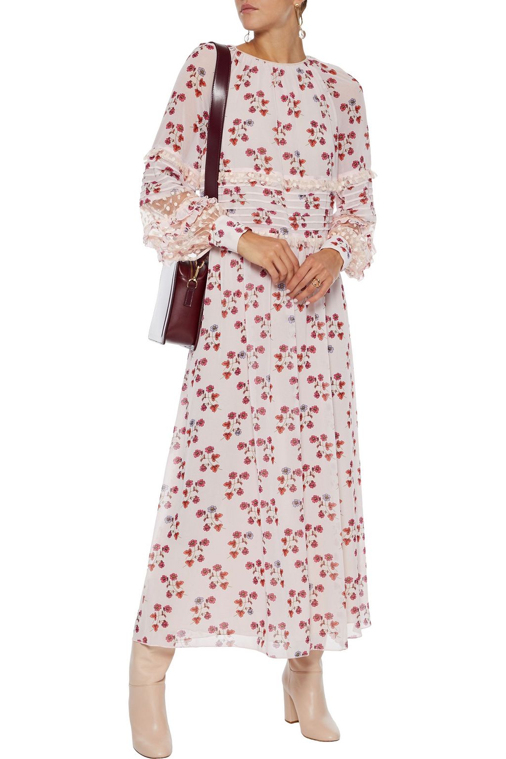 GIAMBA Point d'esprit-trimmed floral-print georgette maxi dress