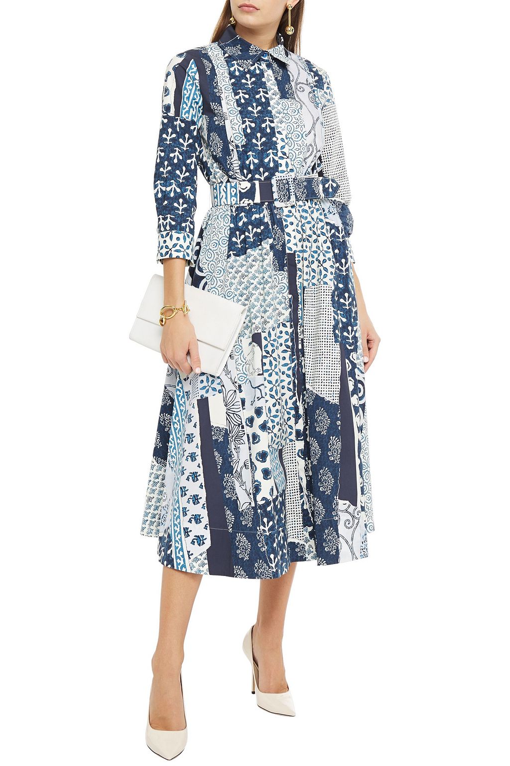 OSCAR DE LA RENTA Patchwork-effect stretch-cotton poplin midi shirt dress