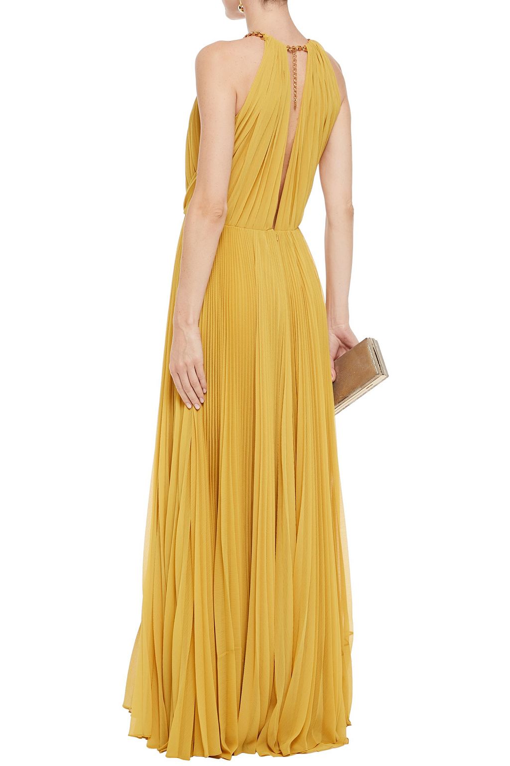 OSCAR DE LA RENTA Chain-trimmed plissé silk-crepon gown