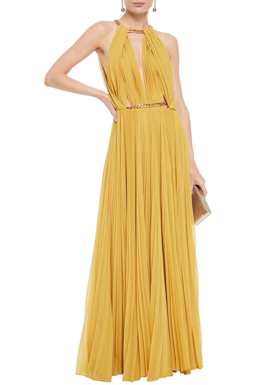 OSCAR DE LA RENTA Chain-trimmed plissé silk-crepon gown
