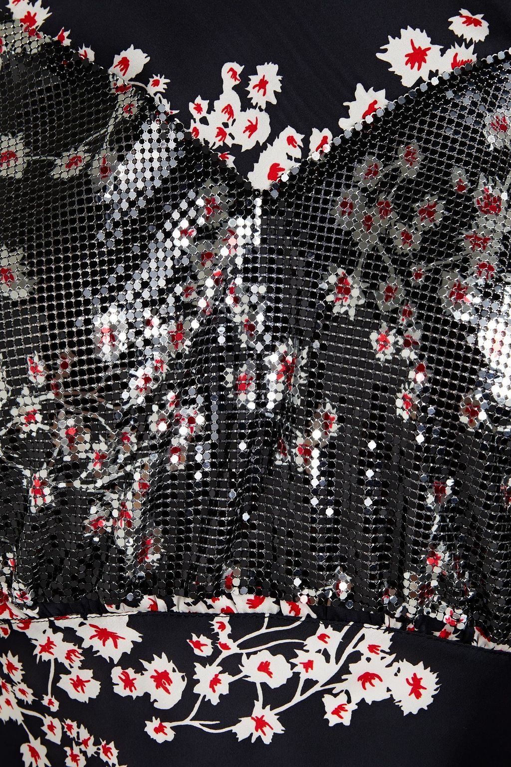 RABANNE Chainmail-paneled embellished floral-print satin mini dress