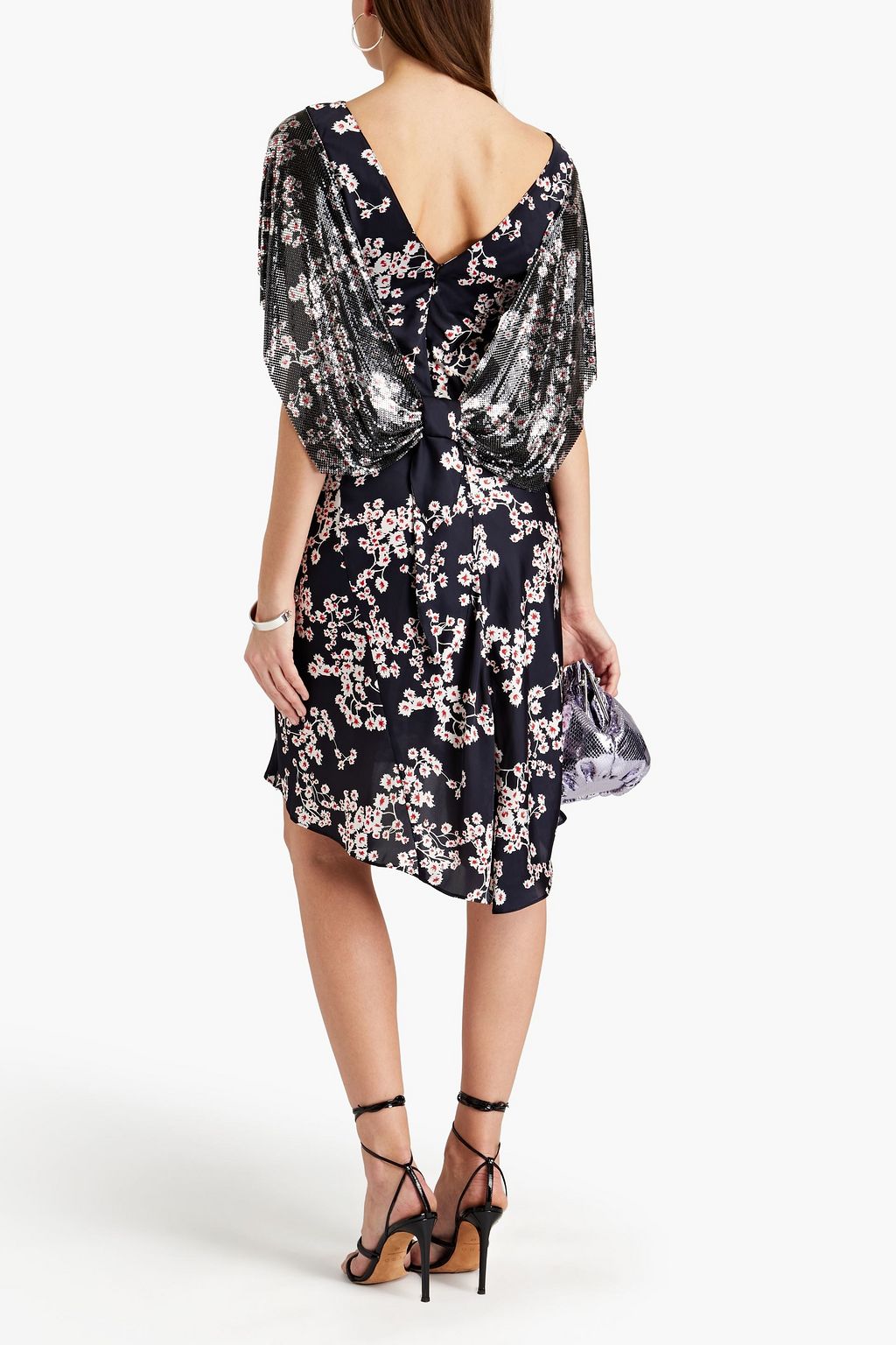 RABANNE Chainmail-paneled embellished floral-print satin mini dress