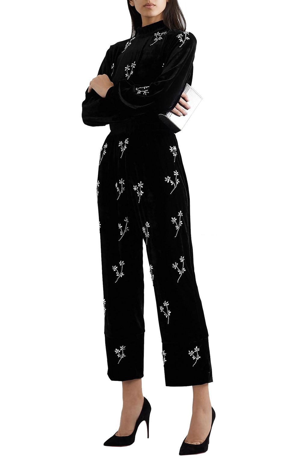 PATBO Cropped crystal-embellished velvet turtleneck top