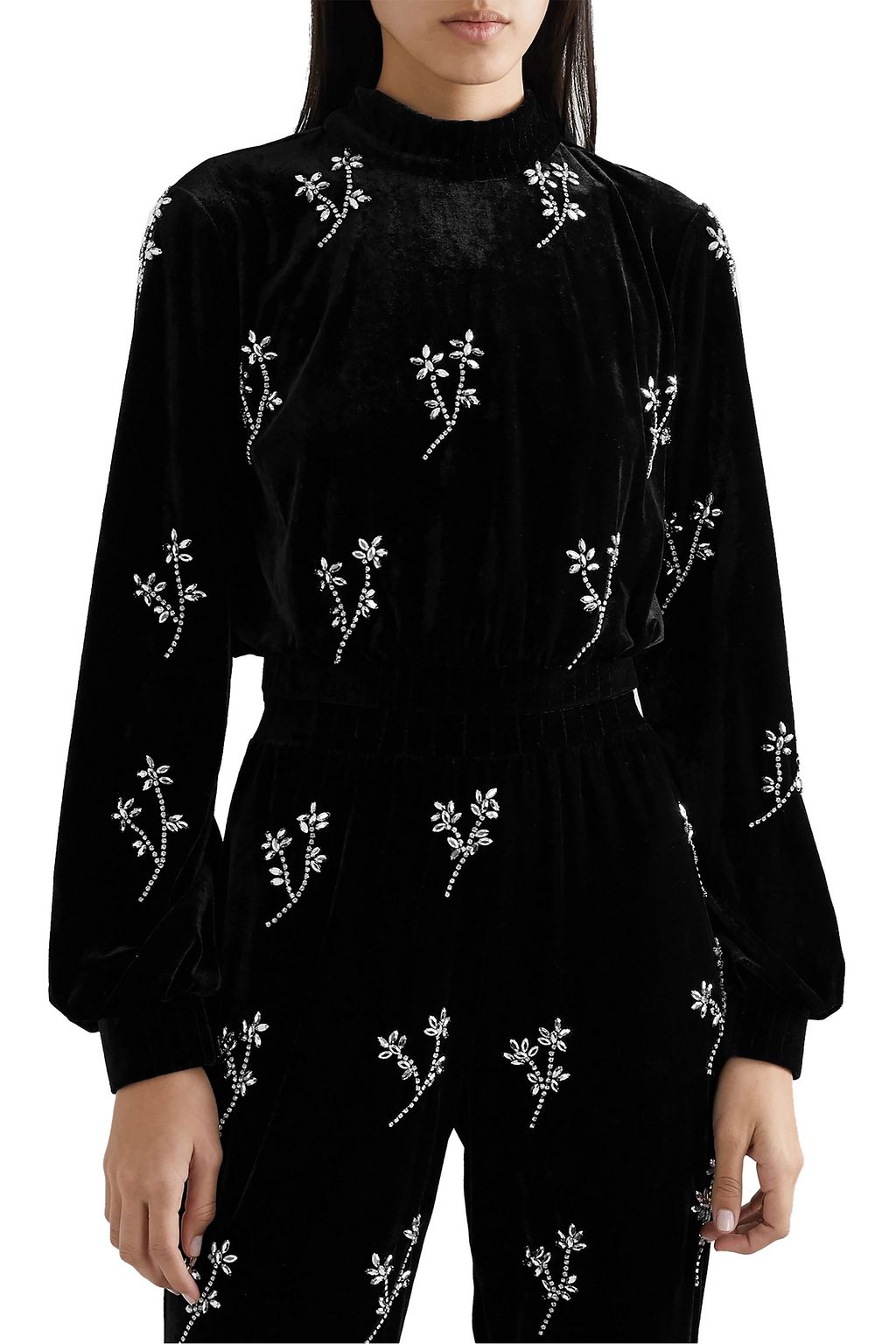 PATBO Cropped crystal-embellished velvet turtleneck top