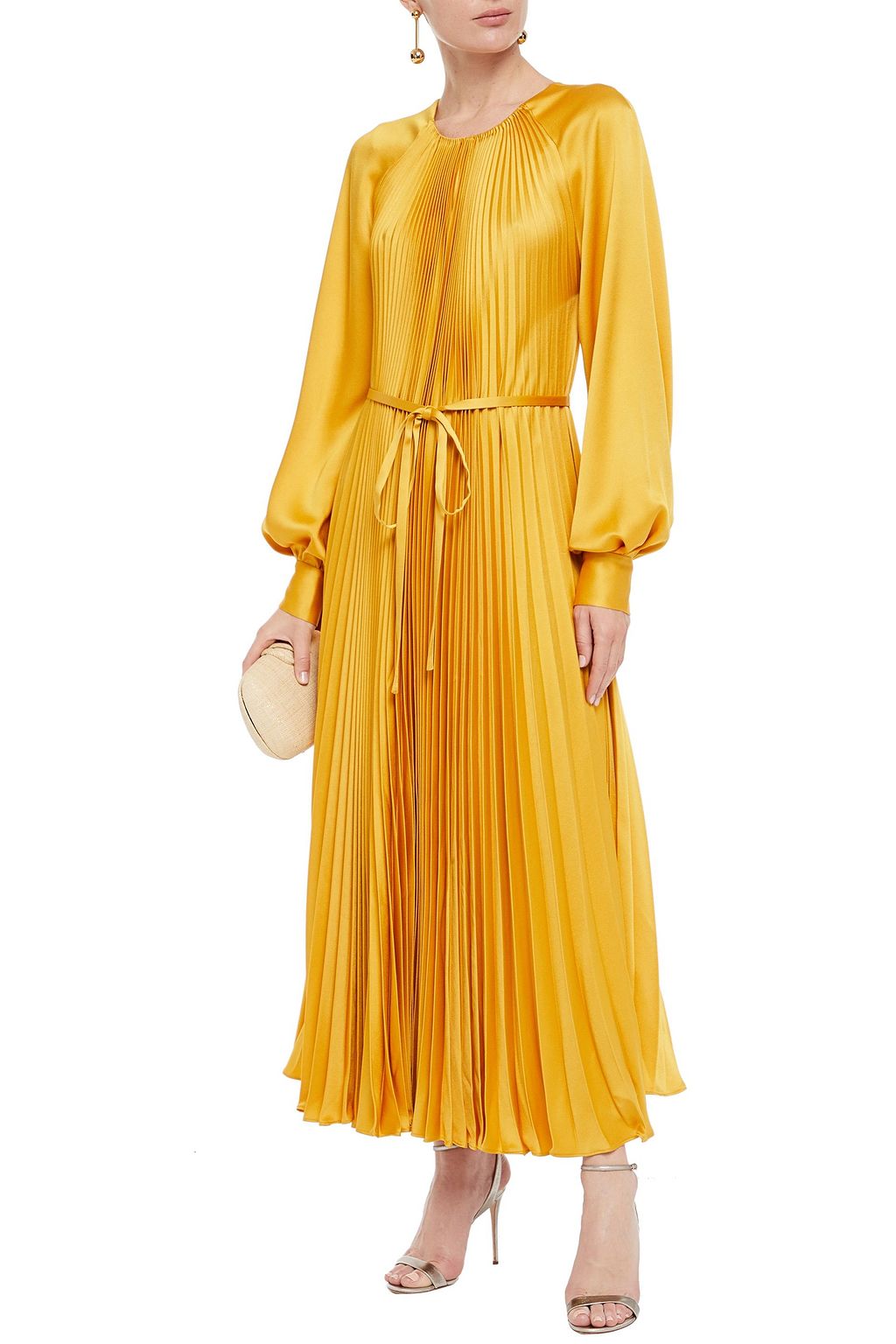 OSCAR DE LA RENTA Belted pleated satin-crepe maxi dress