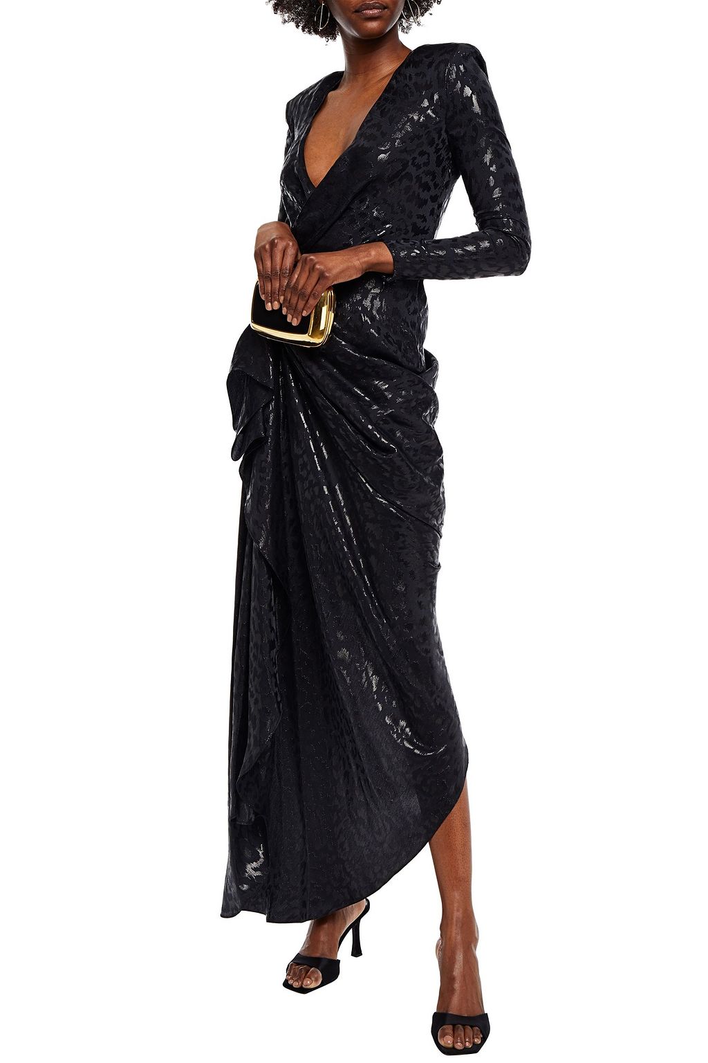 REDEMPTION Wrap-effect draped metallic silk-blend jacquard gown