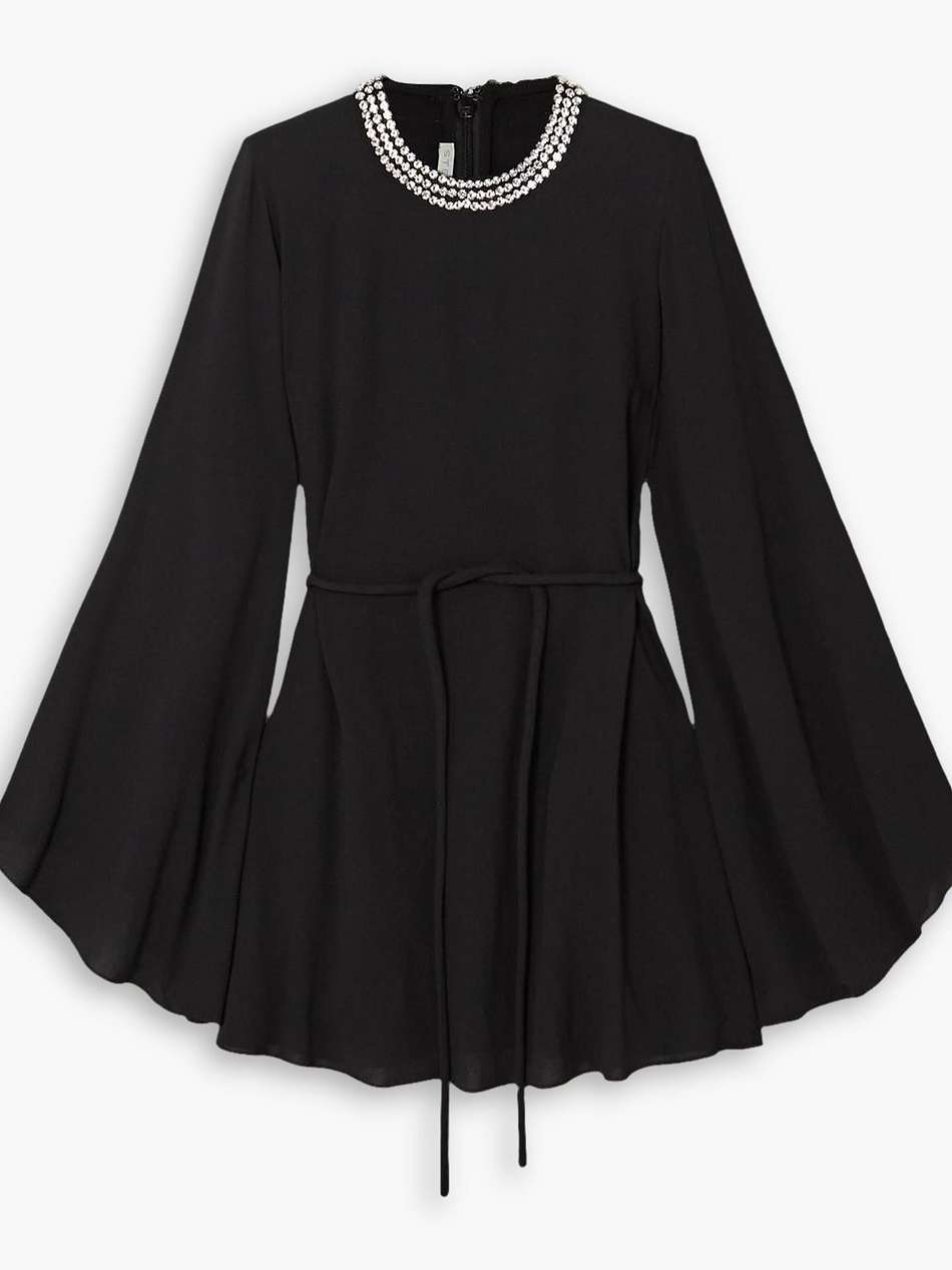 crystal-embellished belted crepe mini dress