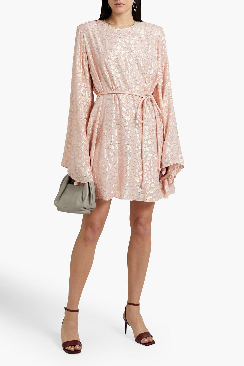 Stella Mccartney Delia Belted Metallic Fil Coupé Silk-chiffon Mini Dress In Baby Pink