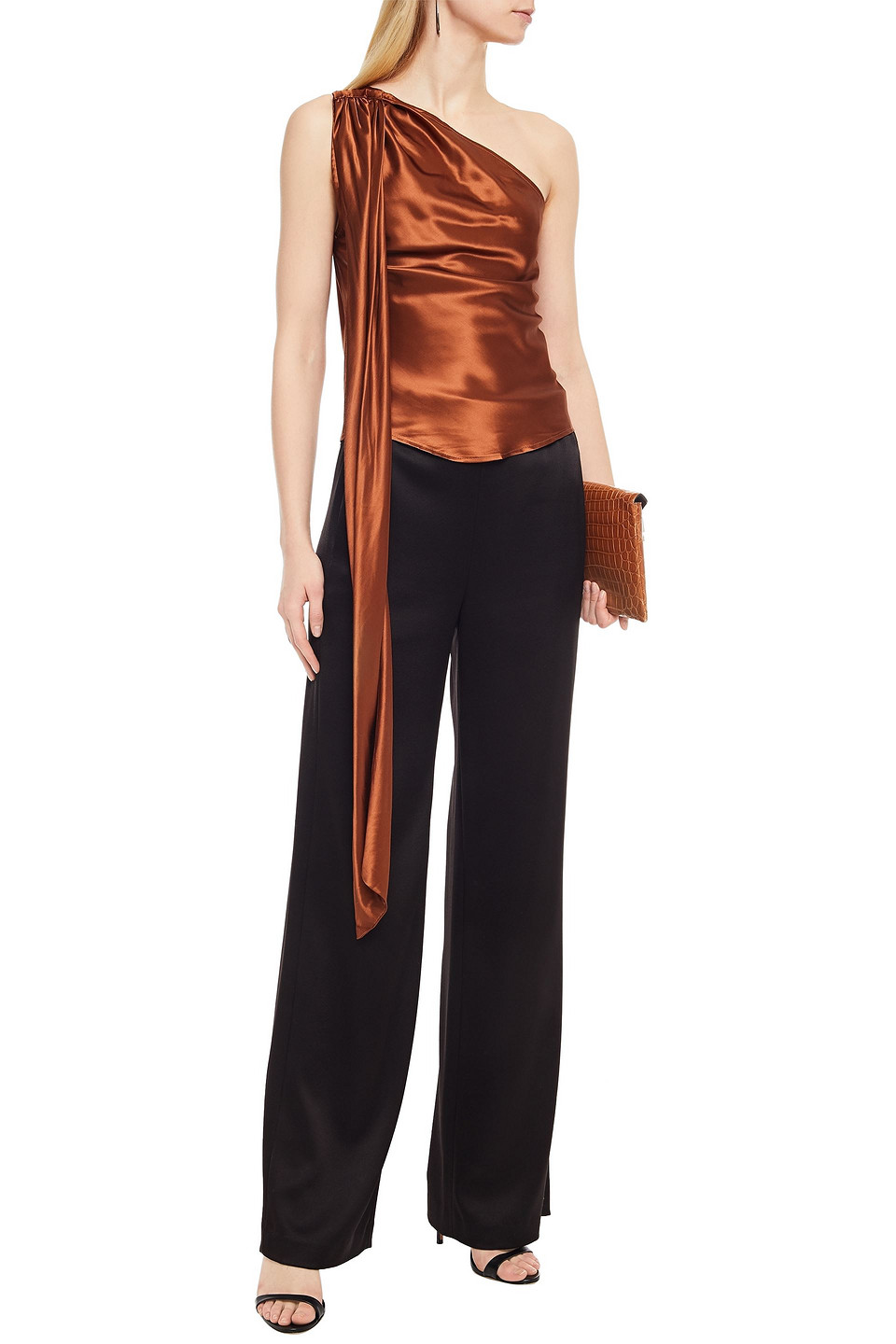 The Range One-shoulder Draped Satin Top In Orange