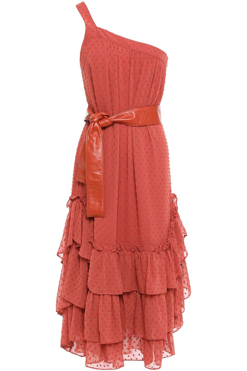 one shoulder belted midi dress