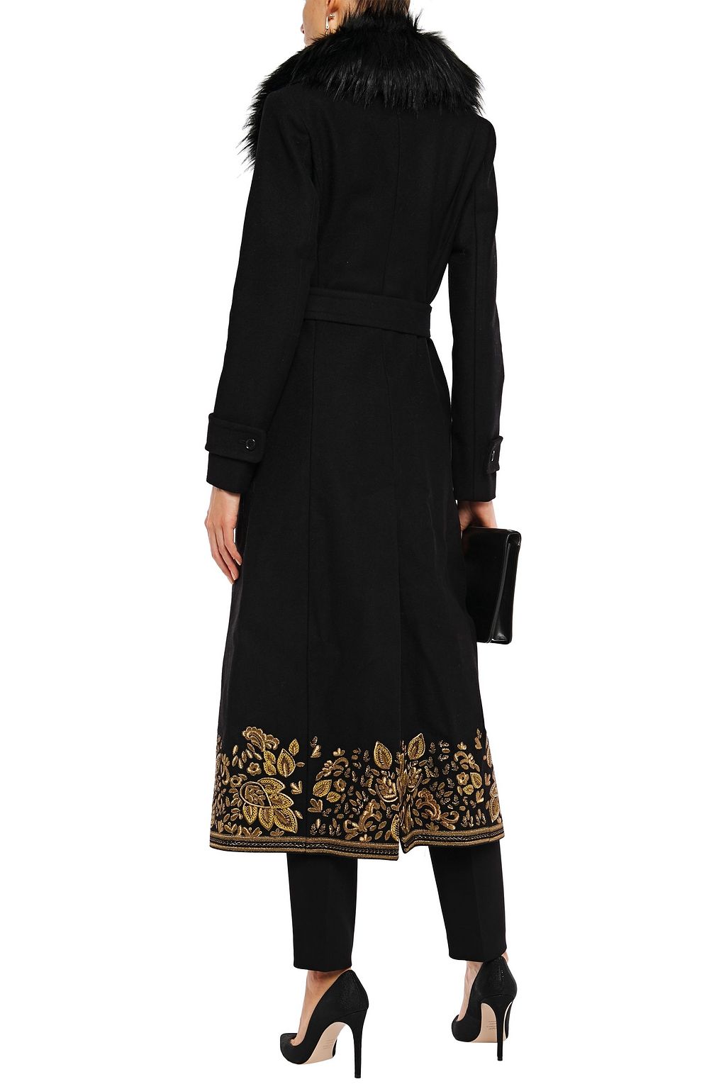 MICHAEL MICHAEL KORS Faux fur-trimmed embroidered embellished wool-blend coat