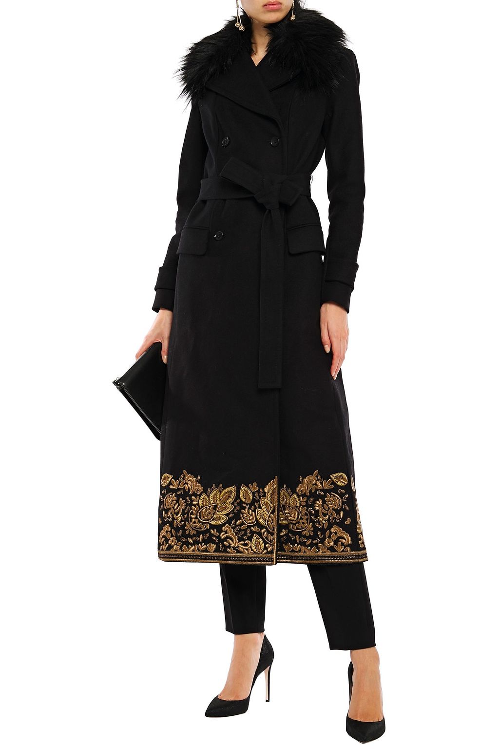 MICHAEL MICHAEL KORS Faux fur-trimmed embroidered embellished wool-blend coat