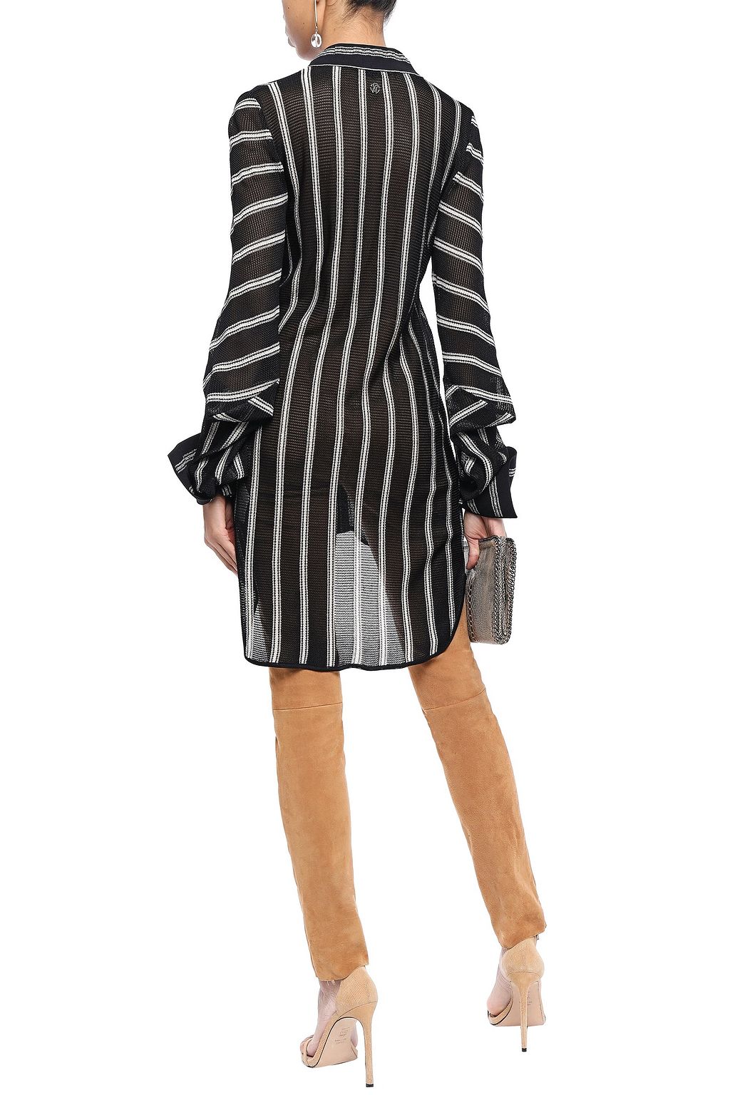 ROBERTO CAVALLI Metallic-trimmed striped crochet-knit shirt