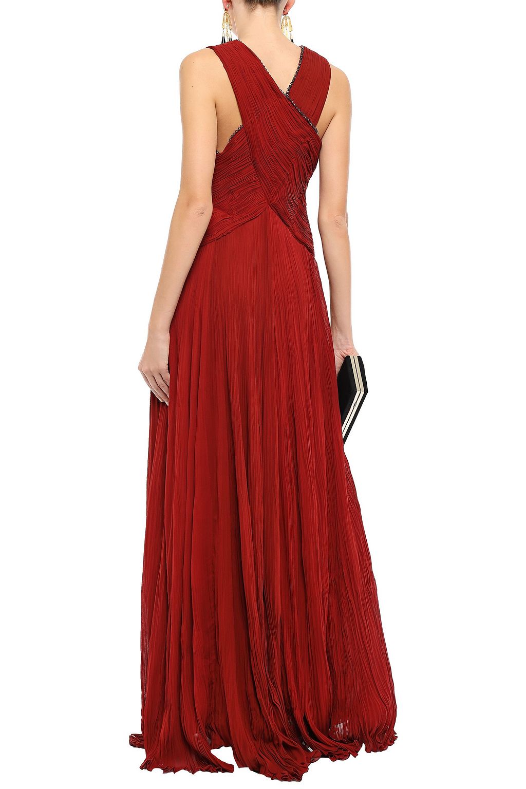 ROBERTO CAVALLI Crystal-embellished plissé silk-blend georgette gown