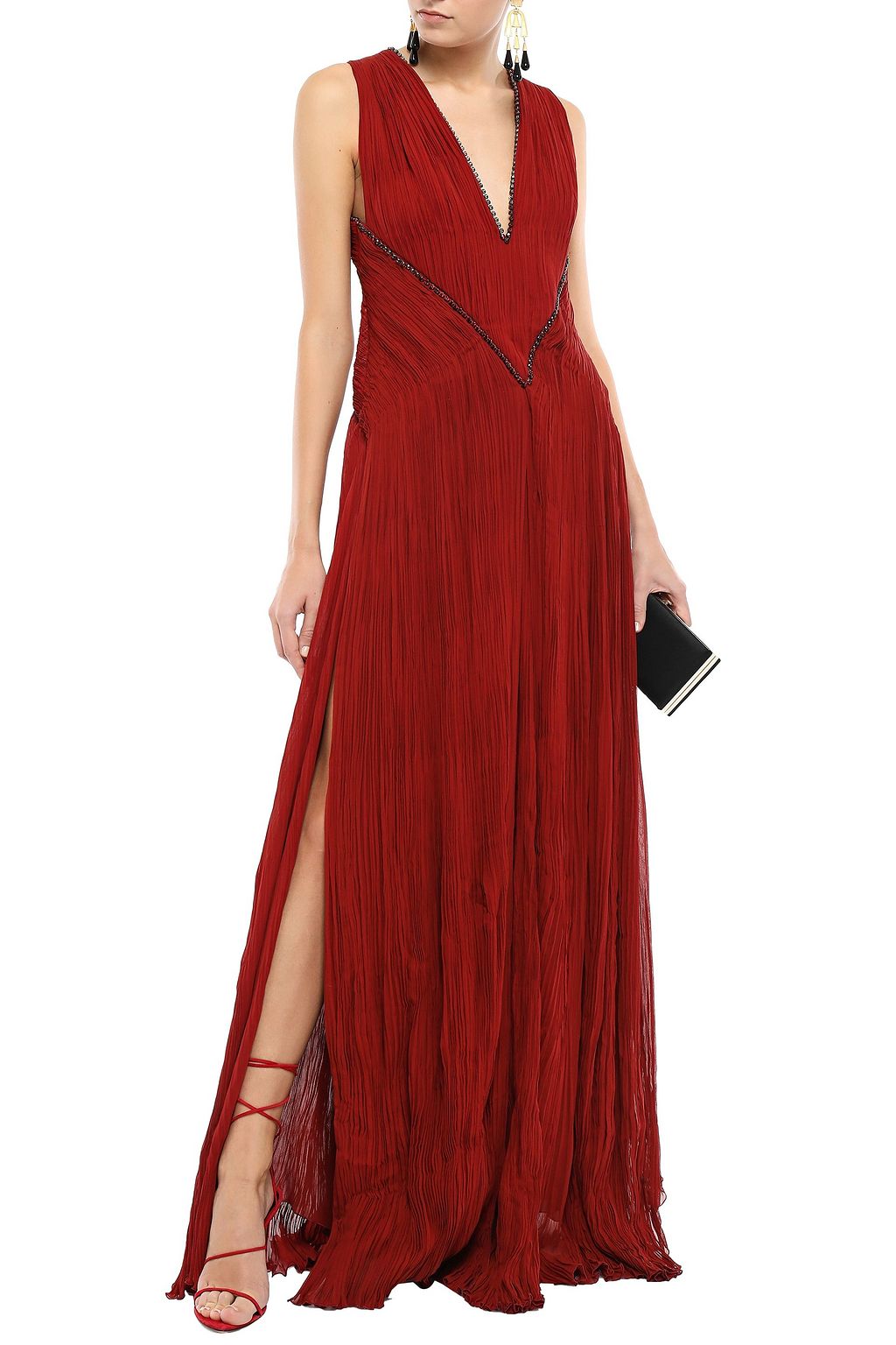 ROBERTO CAVALLI Crystal-embellished plissé silk-blend georgette gown