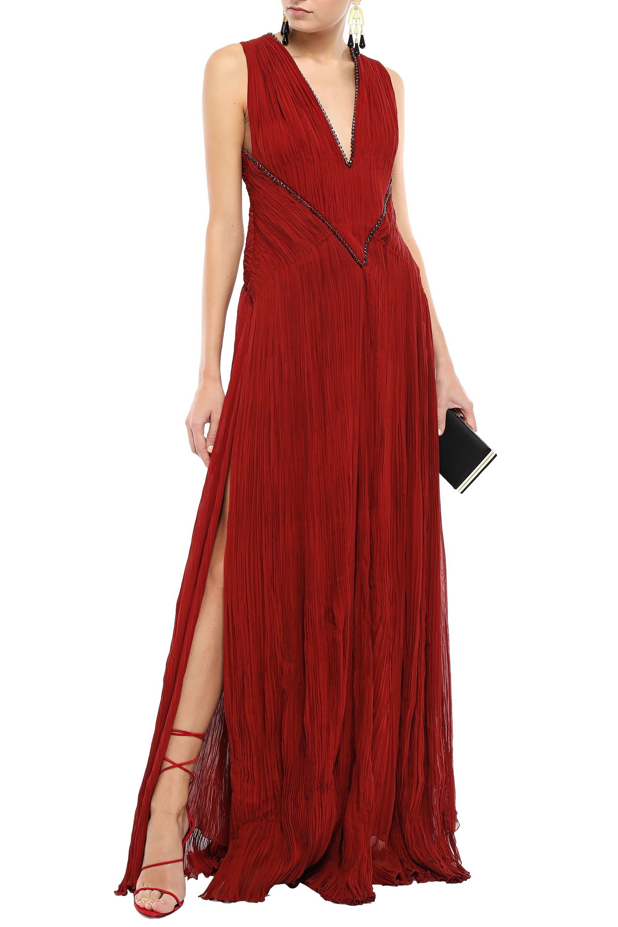 ROBERTO CAVALLI Crystal-embellished plissé silk-blend georgette gown
