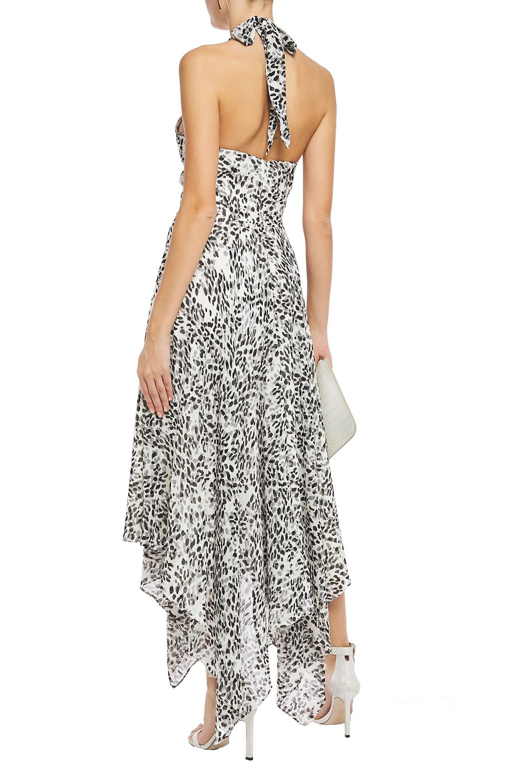 HALSTON HERITAGE Asymmetric printed georgette halterneck midi dress