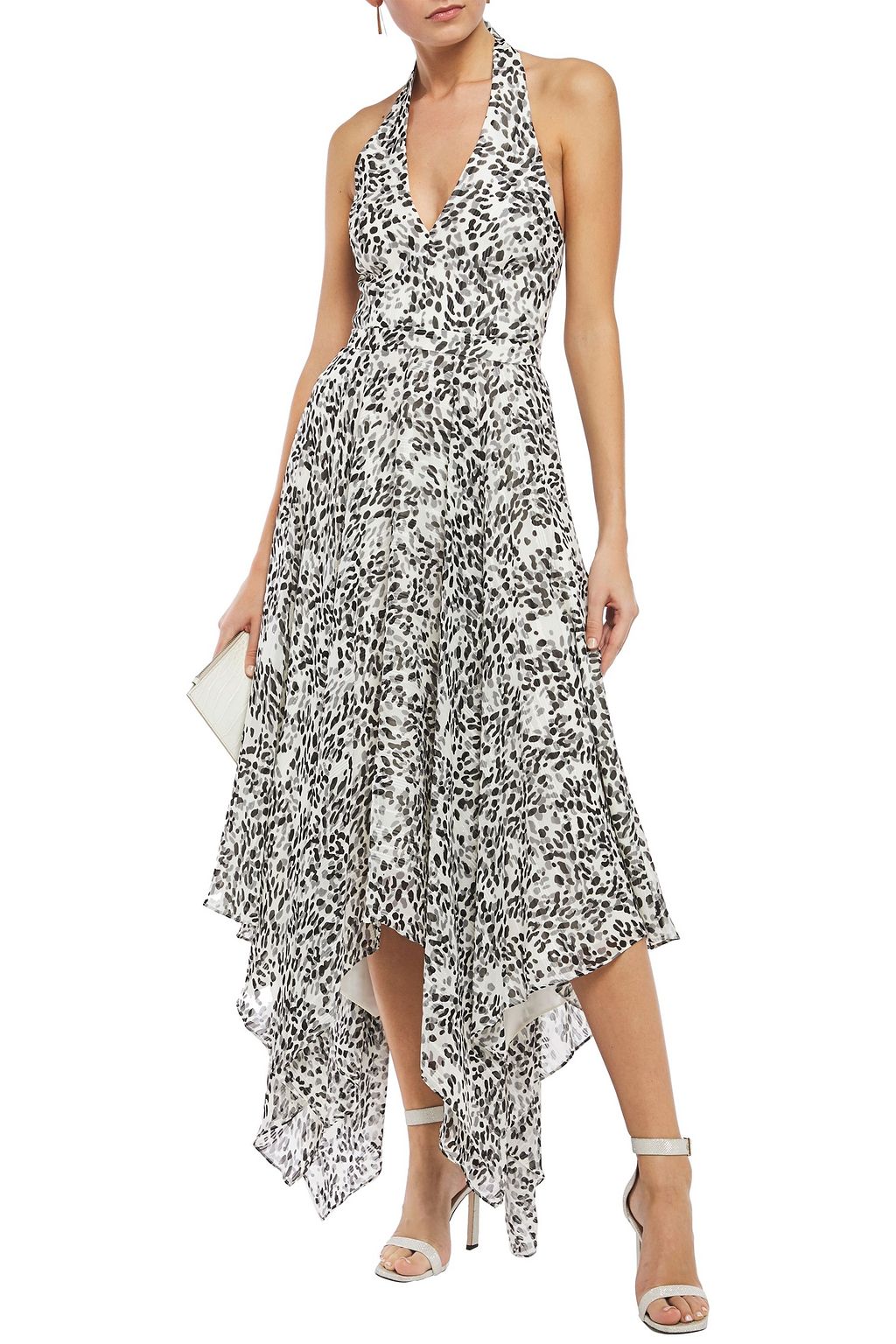 HALSTON HERITAGE Asymmetric printed georgette halterneck midi dress