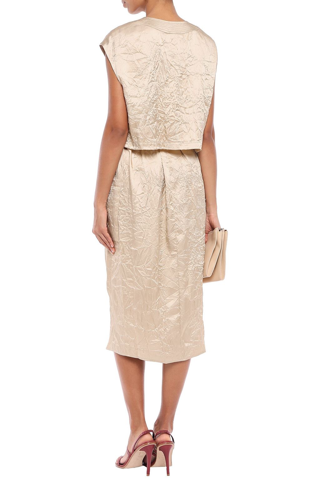 LAPOINTE Layered belted crinkled-satin midi wrap dress