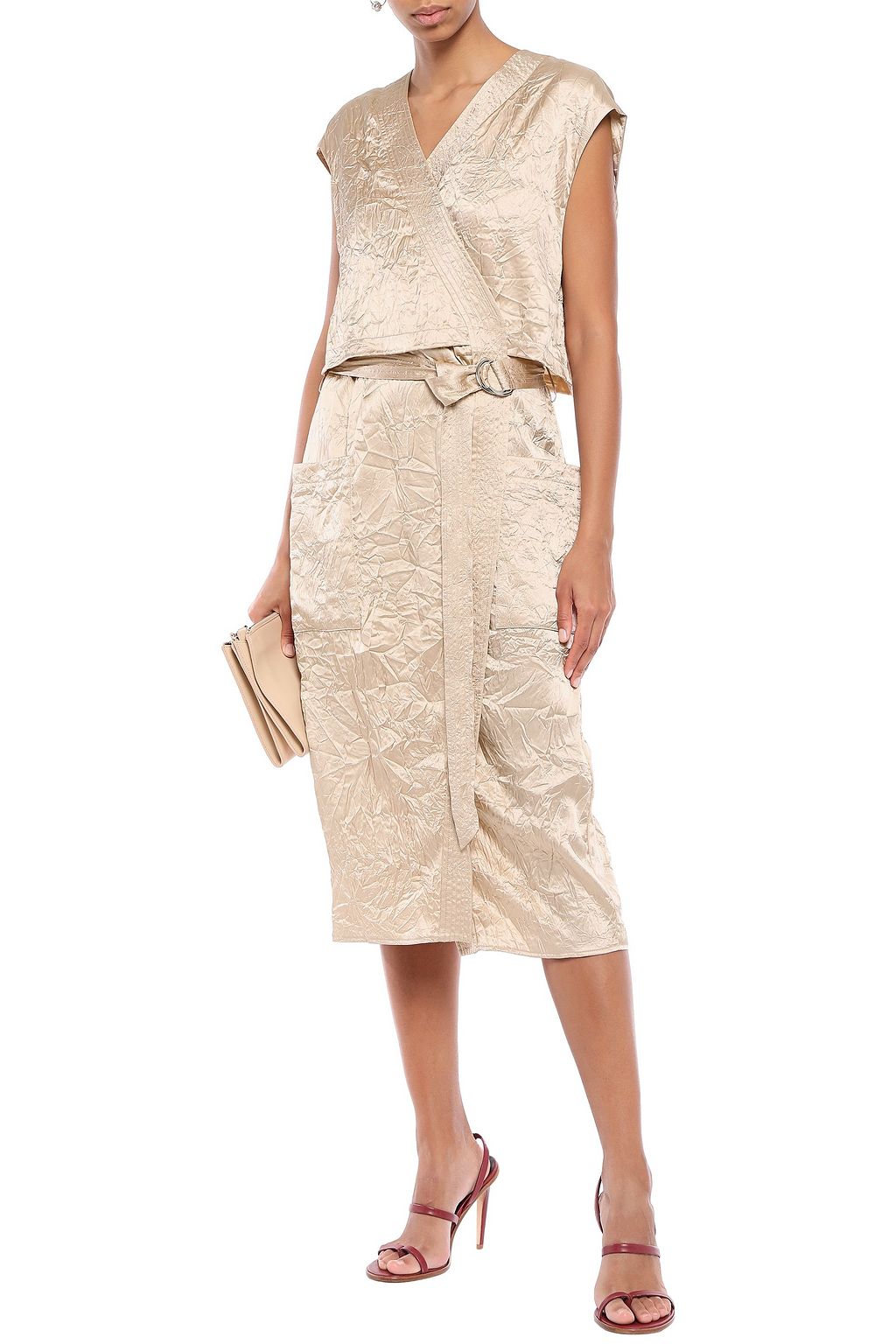 LAPOINTE Layered belted crinkled-satin midi wrap dress