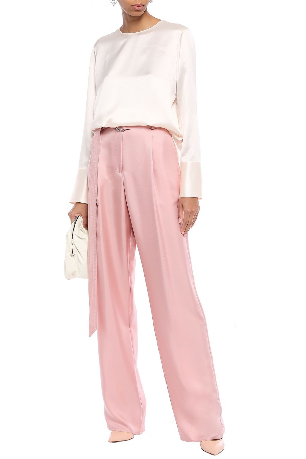 LAPOINTE Belted pleated satin-twill wide-leg pants
