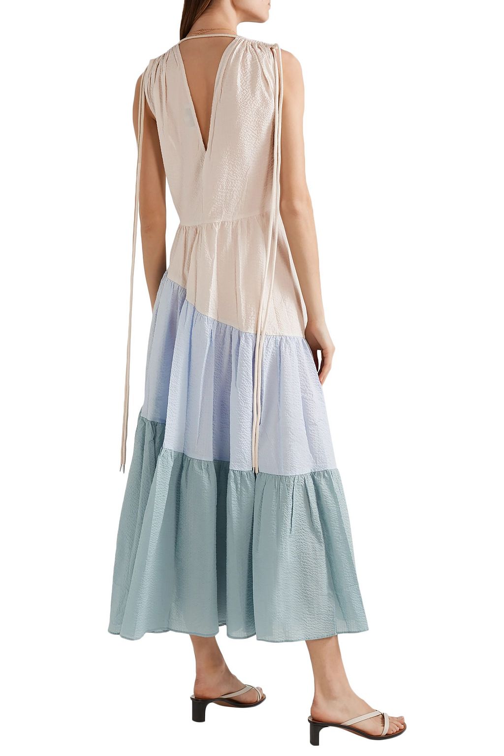 LEE MATHEWS Lilian gathered color-block cotton-seersucker maxi dress