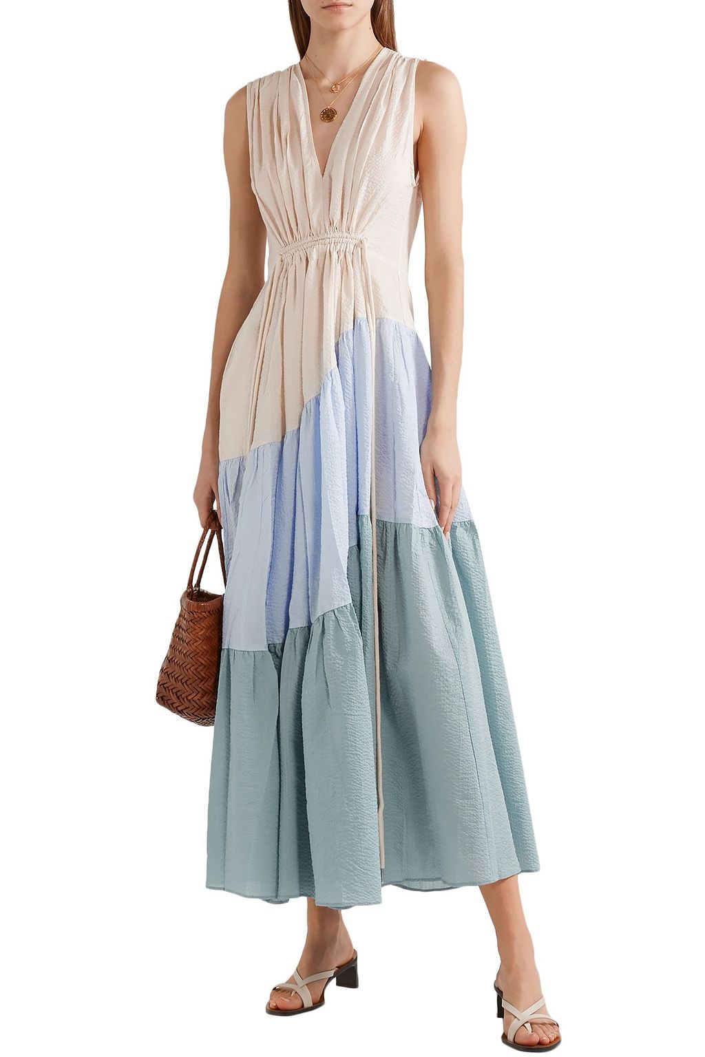 LEE MATHEWS Lilian gathered color-block cotton-seersucker maxi dress