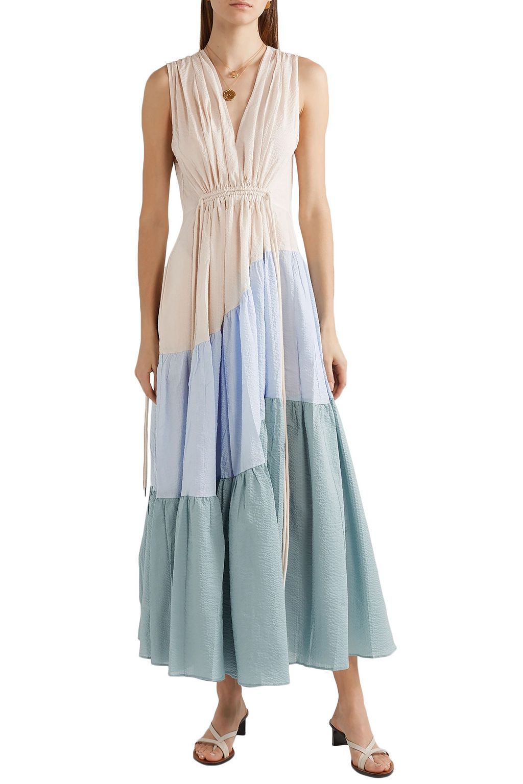 LEE MATHEWS Lilian gathered color-block cotton-seersucker maxi dress