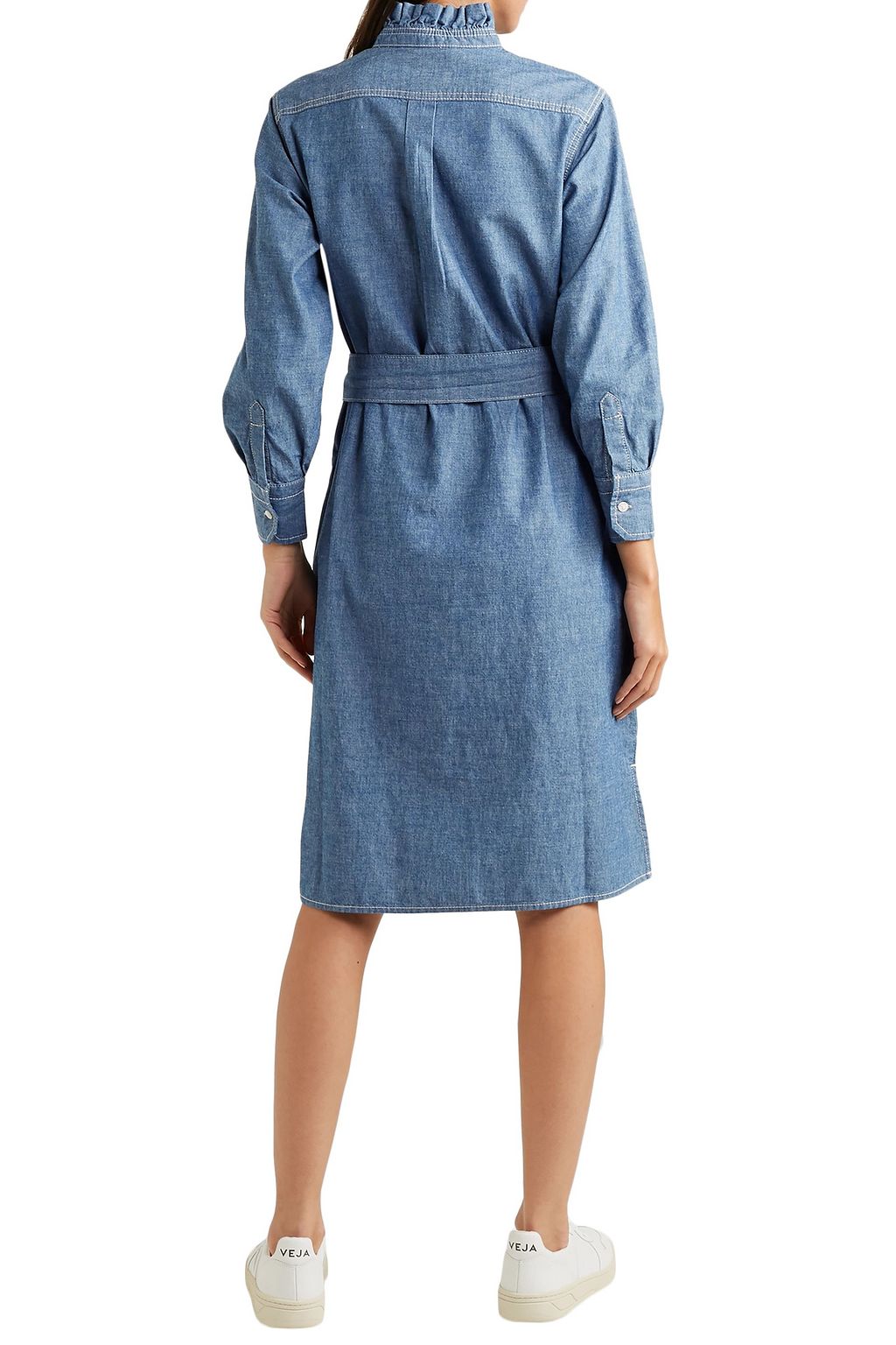 TORY BURCH Belted ruffle-trimmed cotton-chambray dress