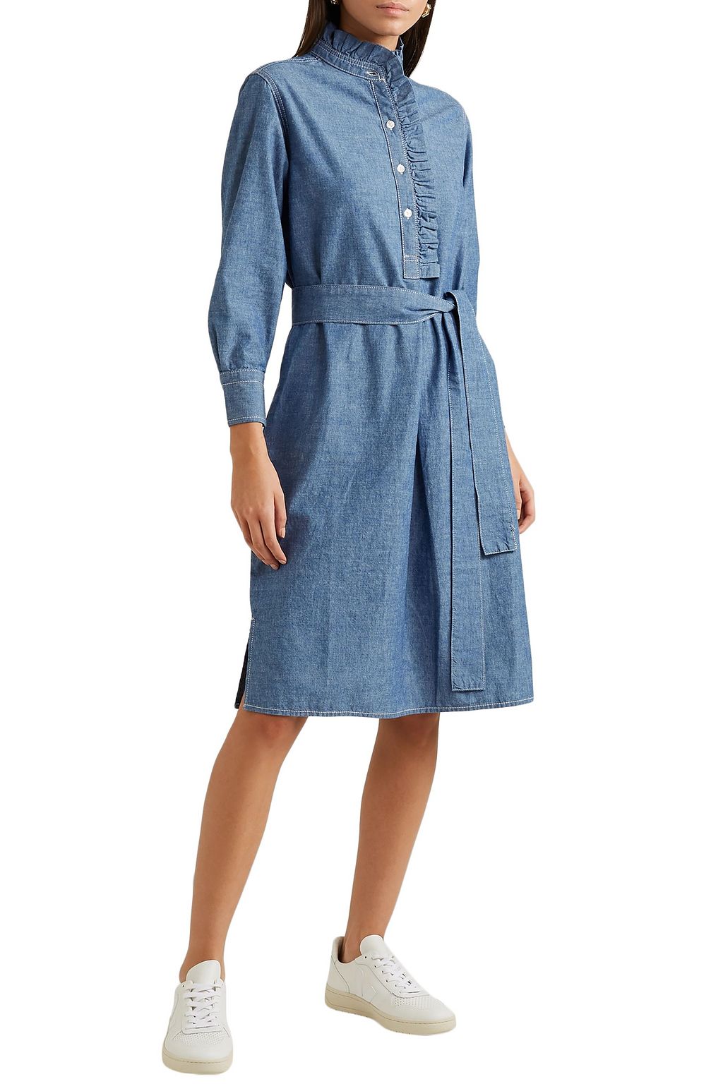 TORY BURCH Belted ruffle-trimmed cotton-chambray dress