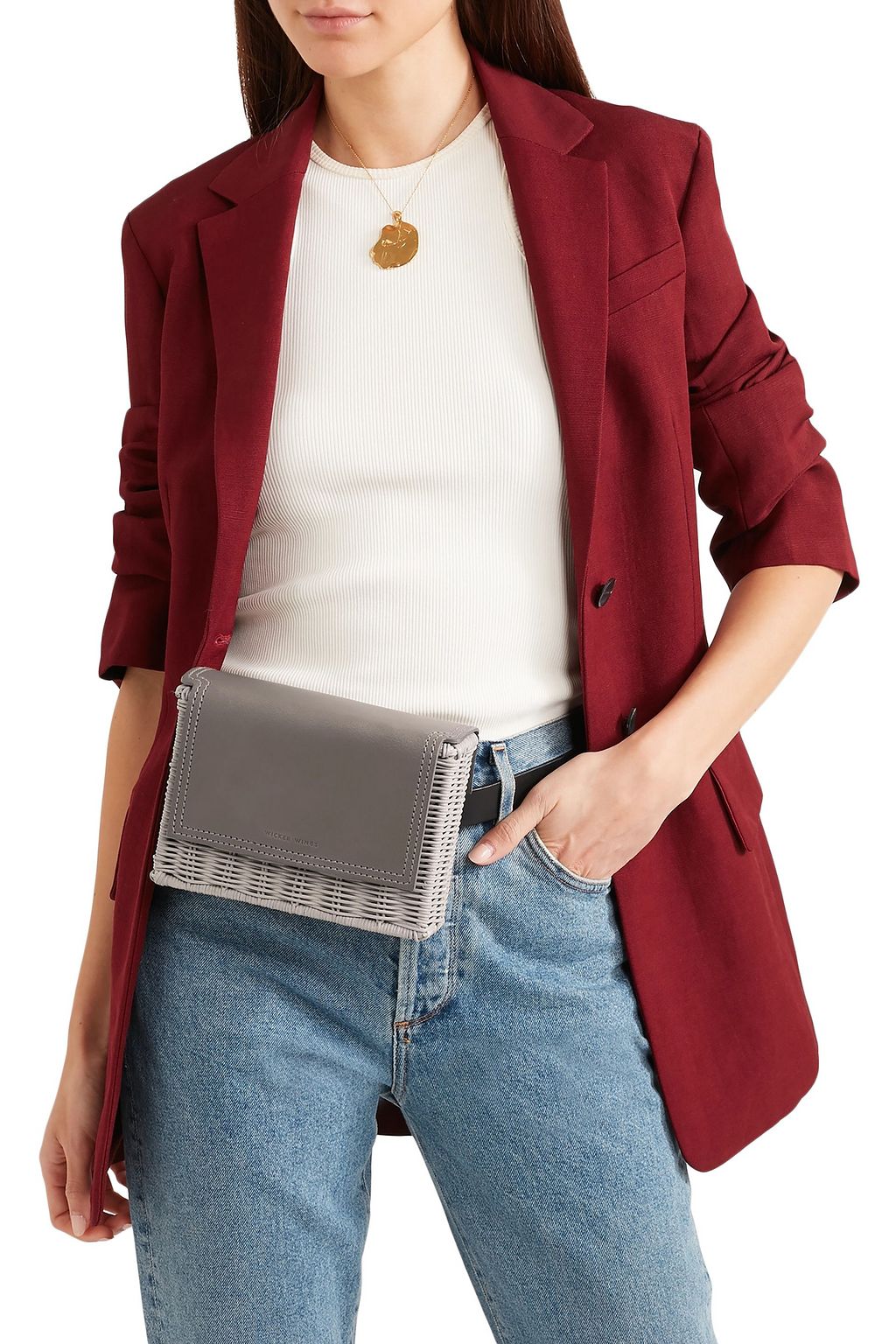 WICKER WINGS Tao textured-leather and rattan belt bag