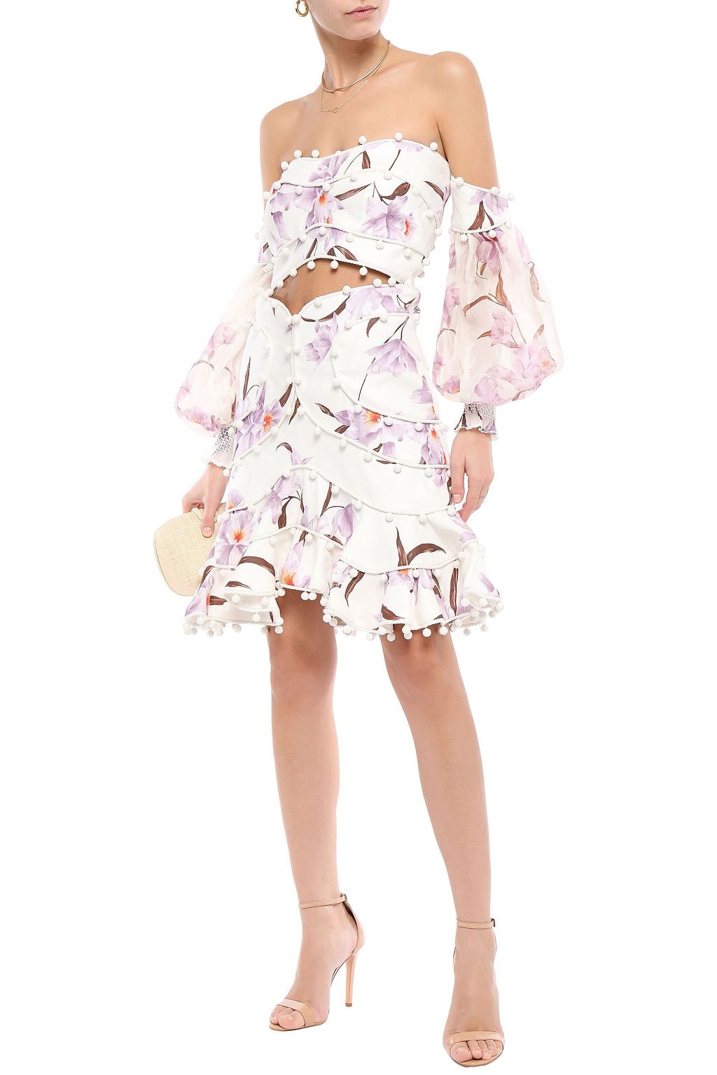 ZIMMERMANN Braid-trimmed pompom-embellished floral-print linen mini skirt