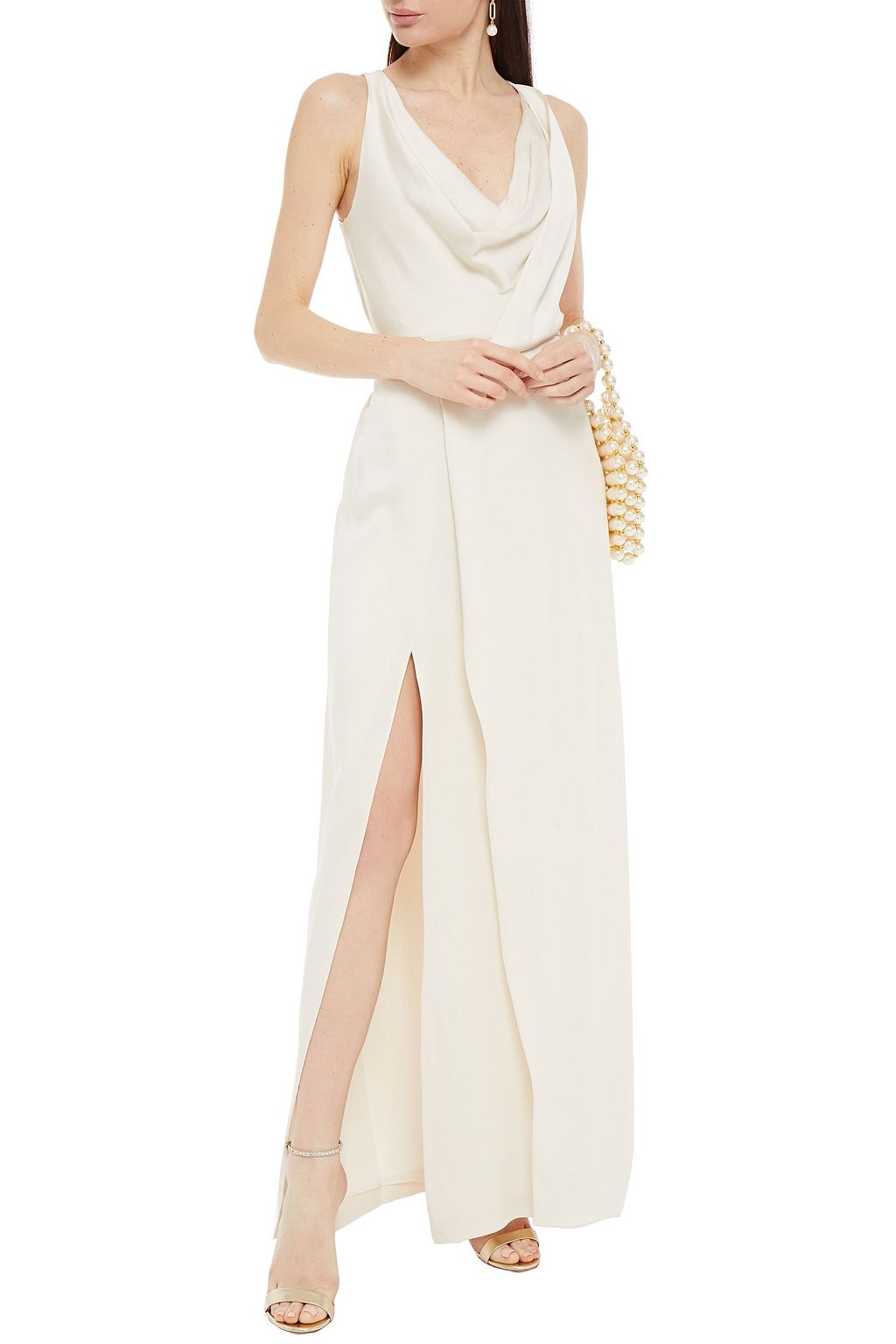 HALSTON ドレープ入り サテンクレープ ロングドレス